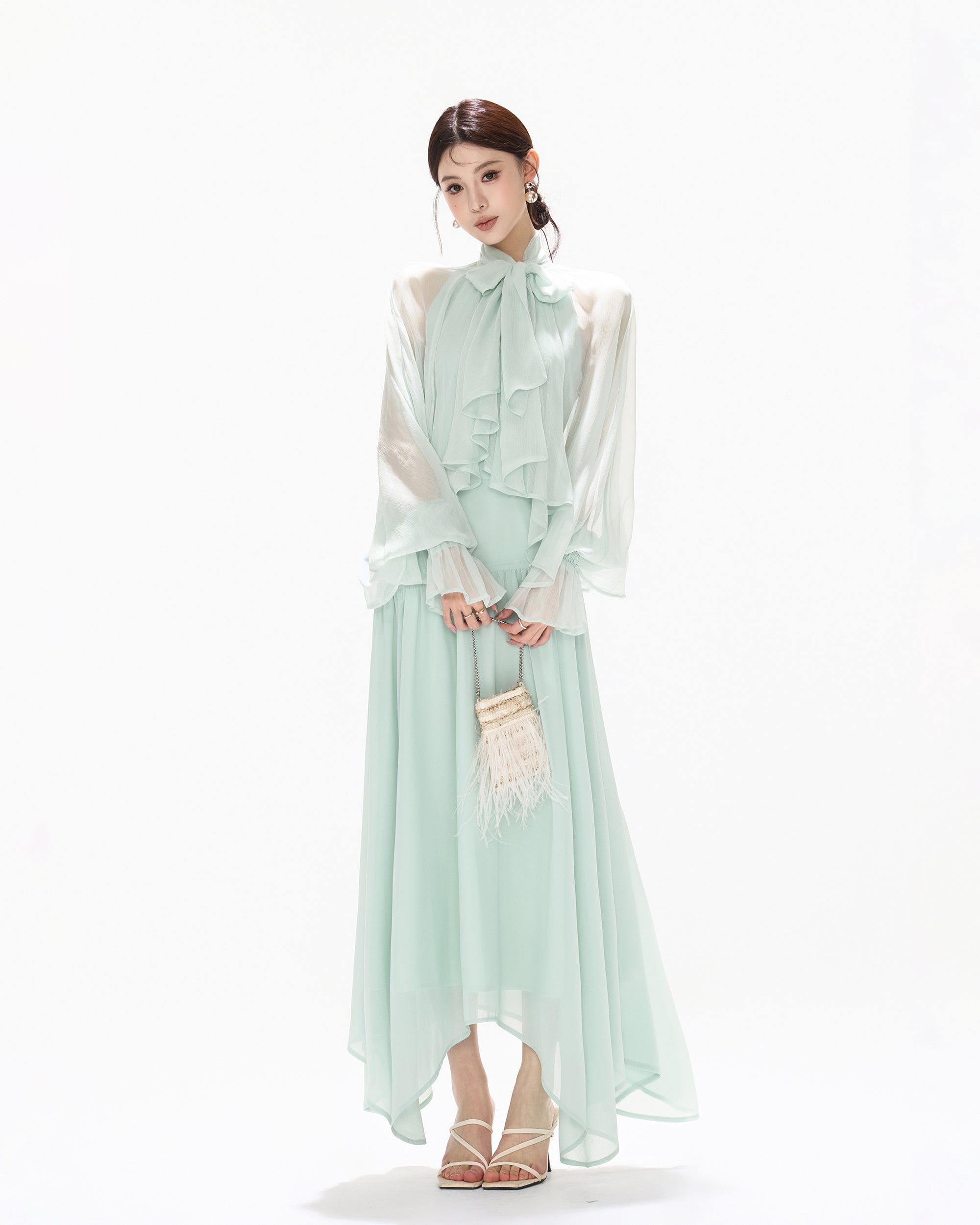 CYNR Ruffle Bow-Neck Asymmetrical Chiffon Dress
