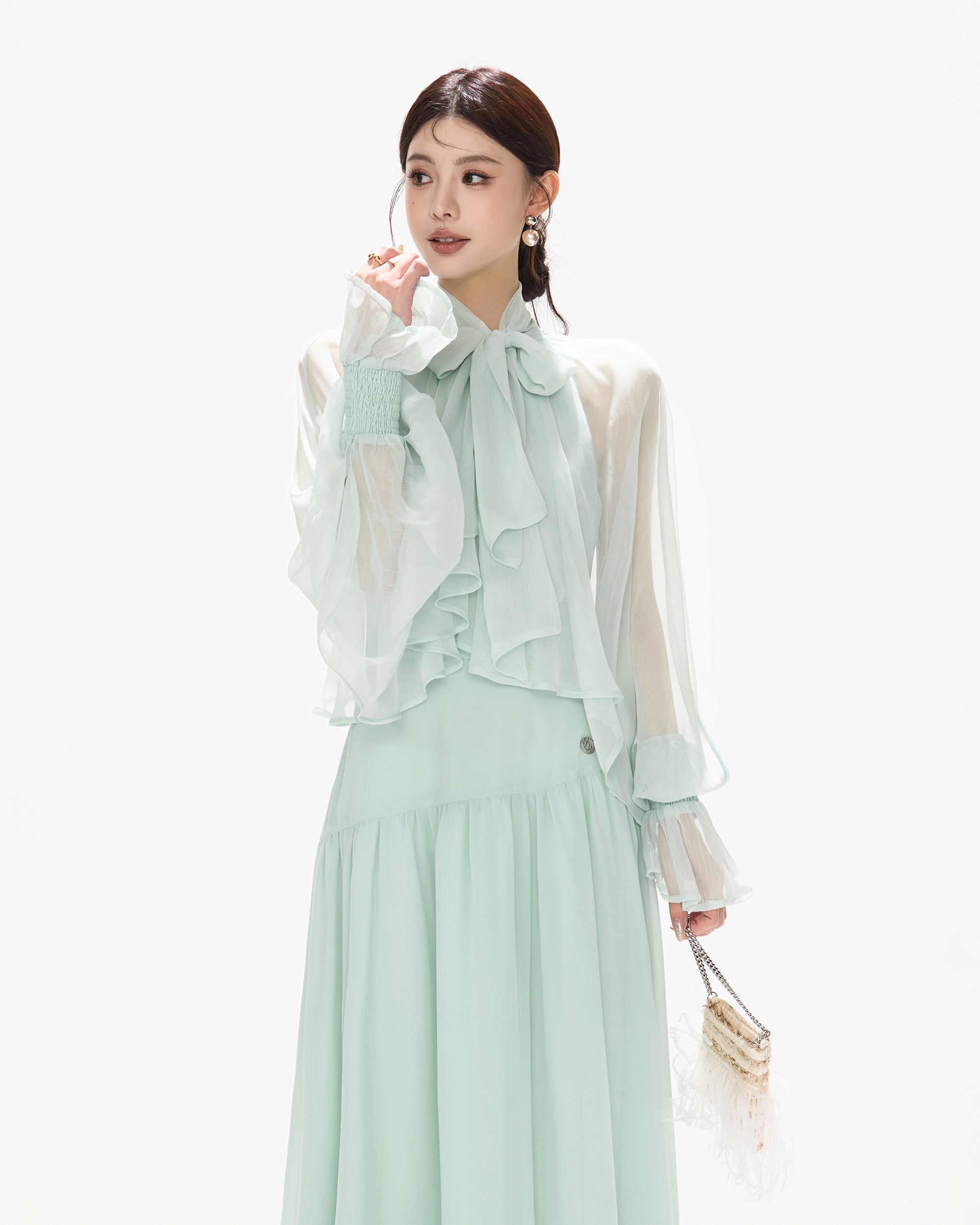 CYNR Ruffle Bow-Neck Asymmetrical Chiffon Dress