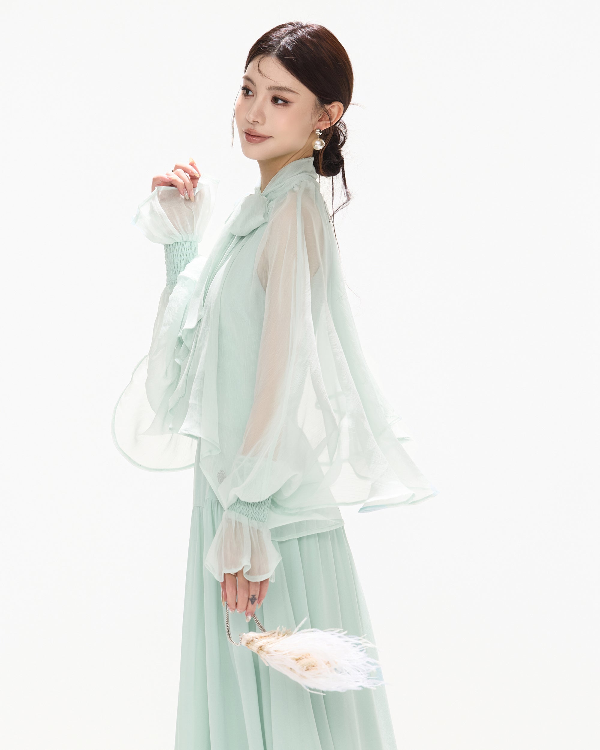 CYNR Ruffle Bow-Neck Asymmetrical Chiffon Dress