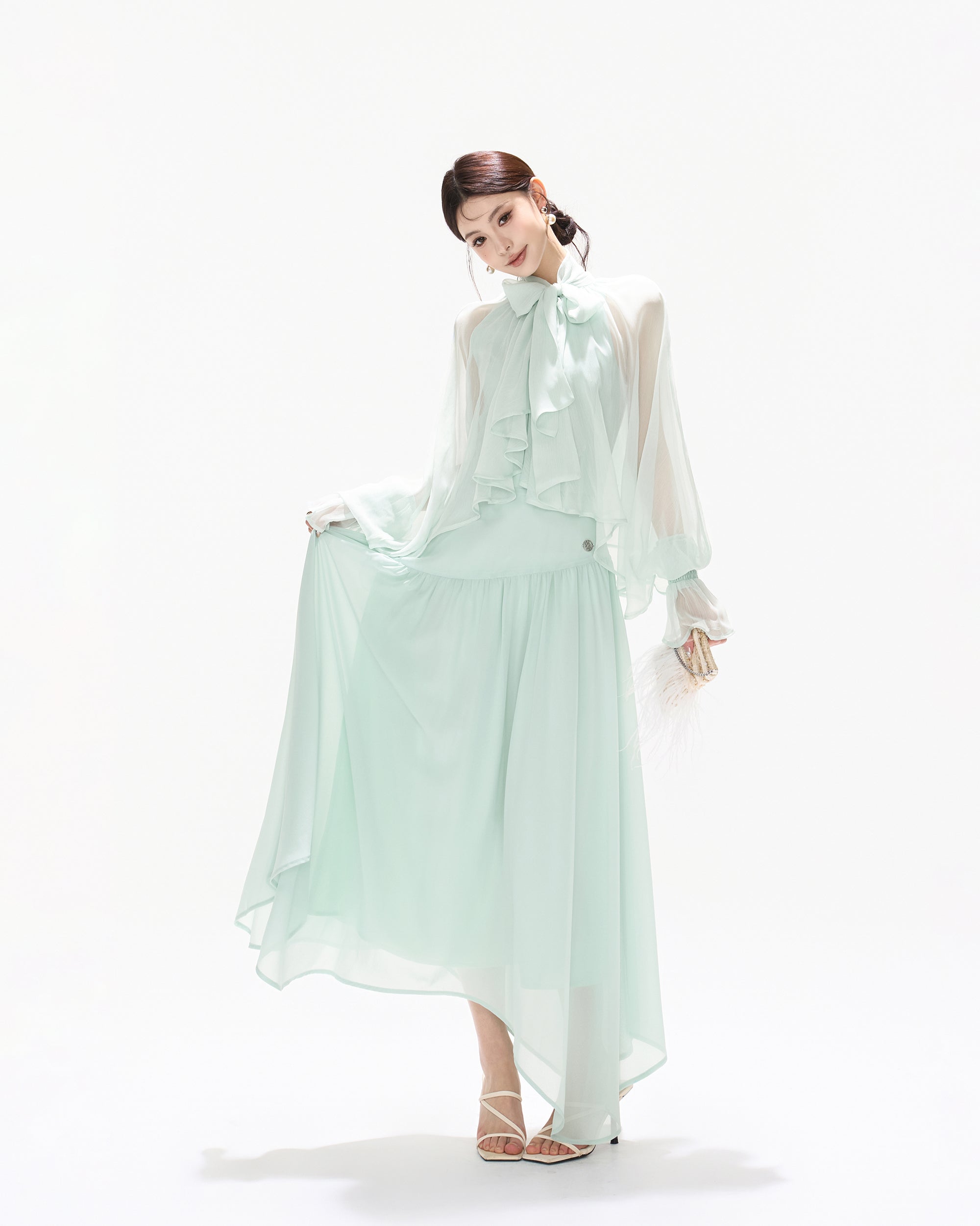 CYNR Ruffle Bow-Neck Asymmetrical Chiffon Dress