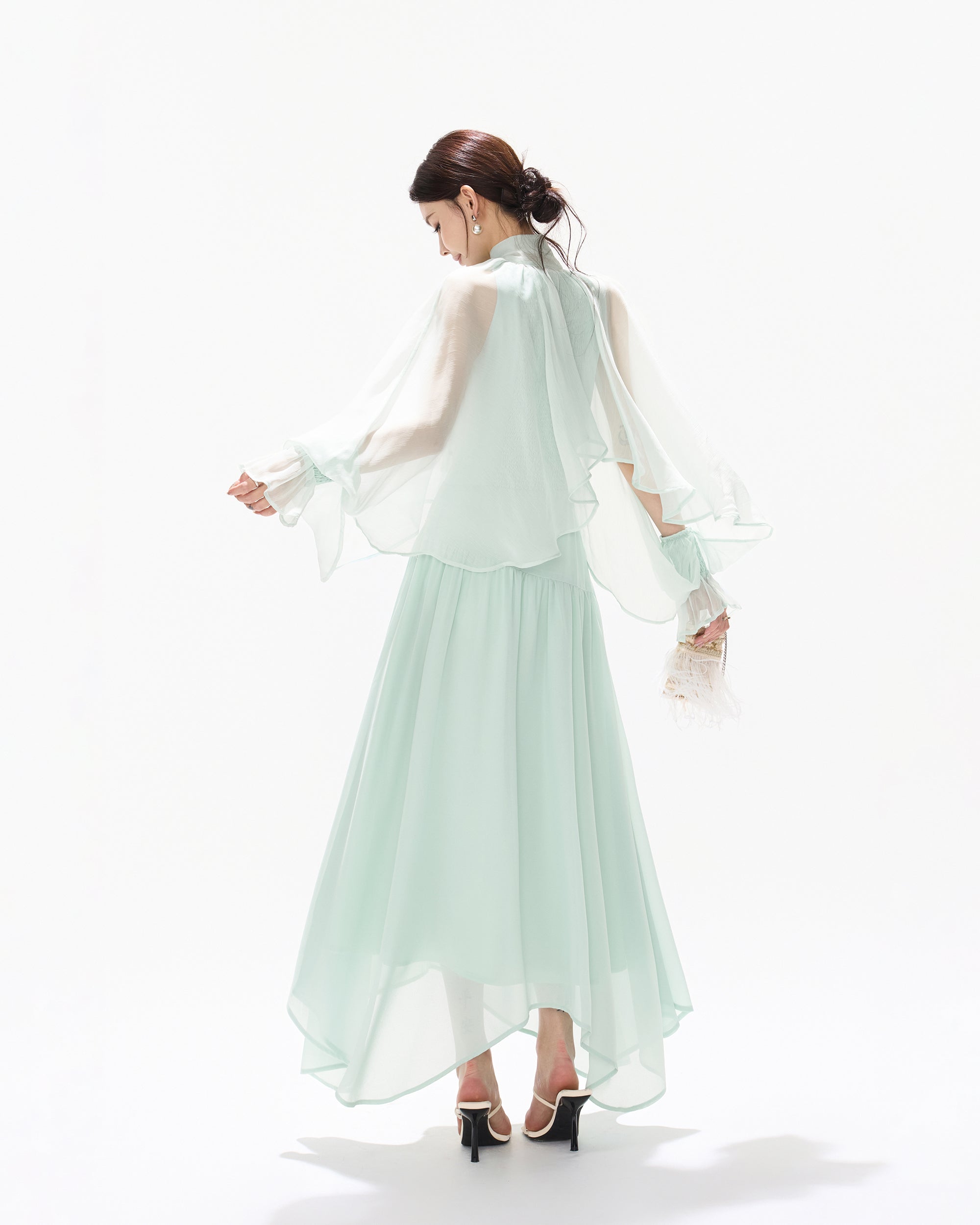 CYNR Ruffle Bow-Neck Asymmetrical Chiffon Dress
