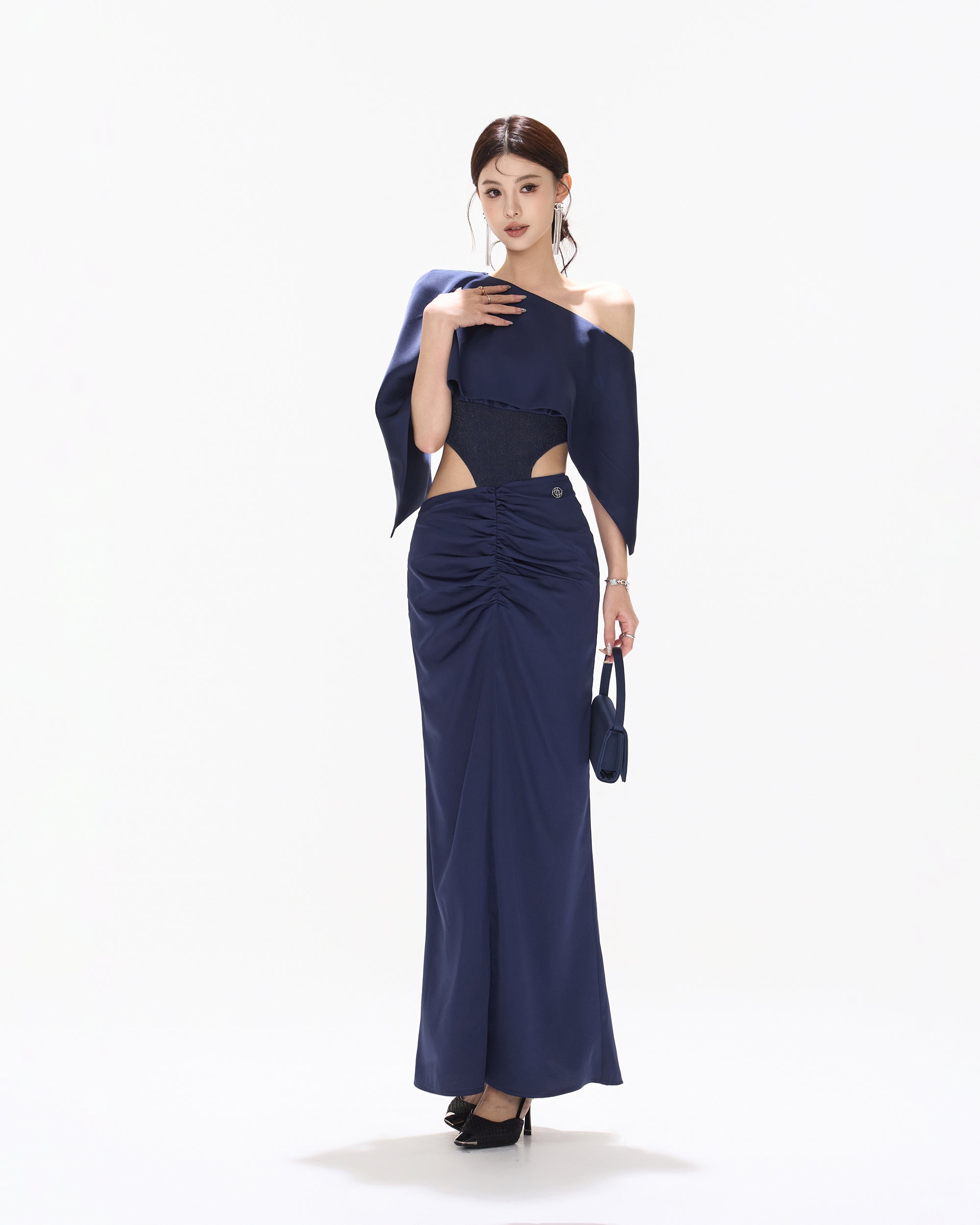 CYNR Cape-Drape Ruched Satin Dress
