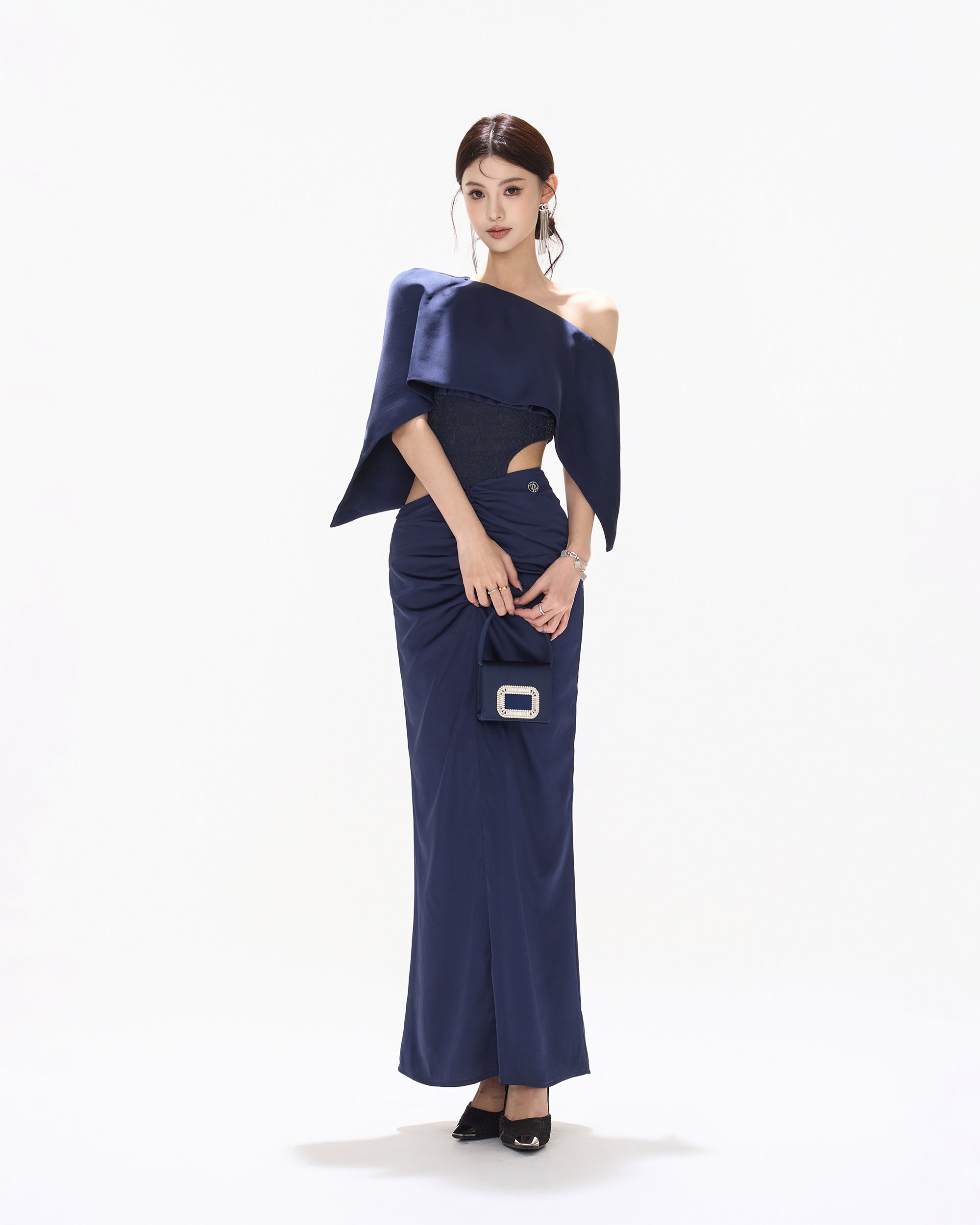 CYNR Cape-Drape Ruched Satin Dress