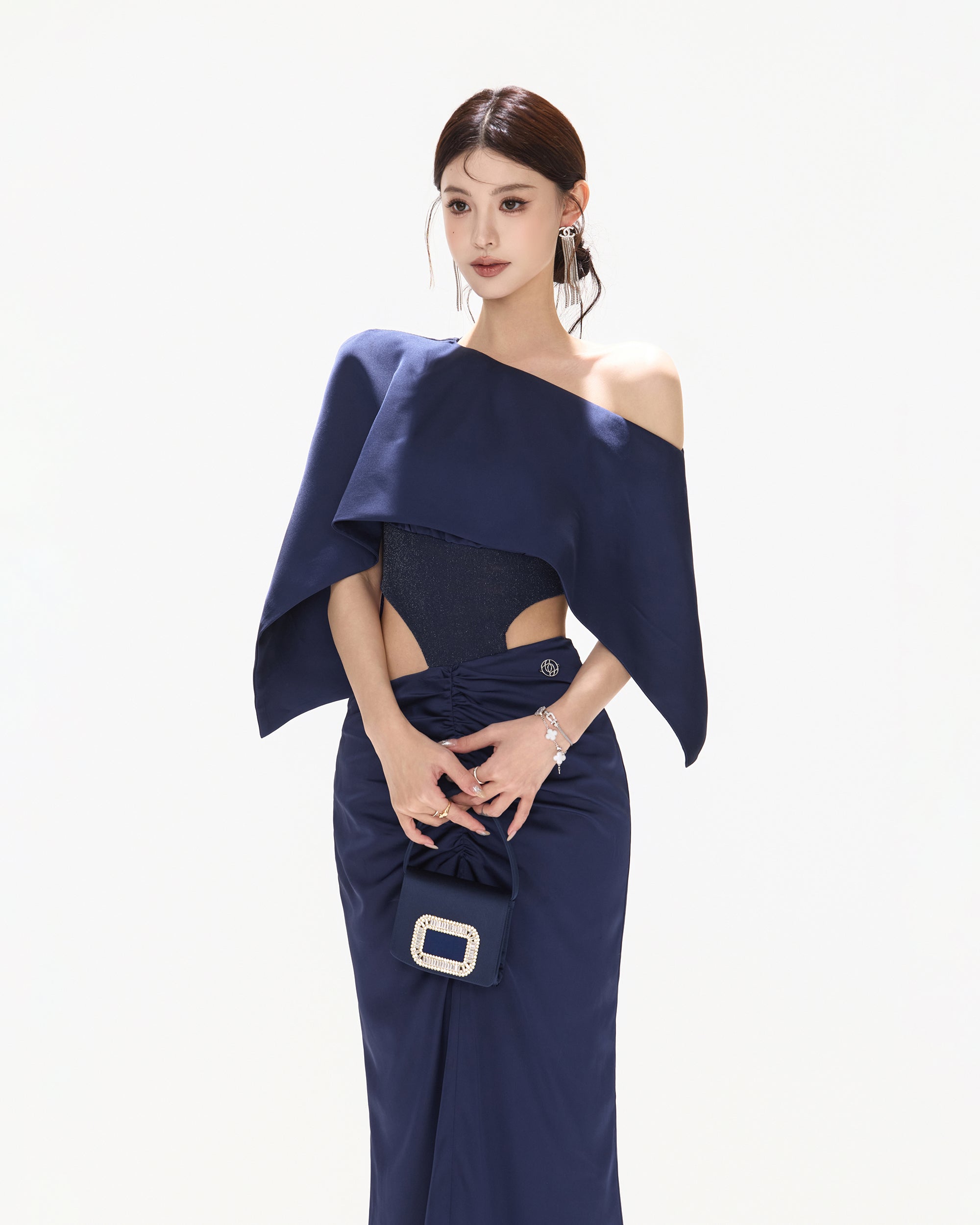 CYNR Cape-Drape Ruched Satin Dress