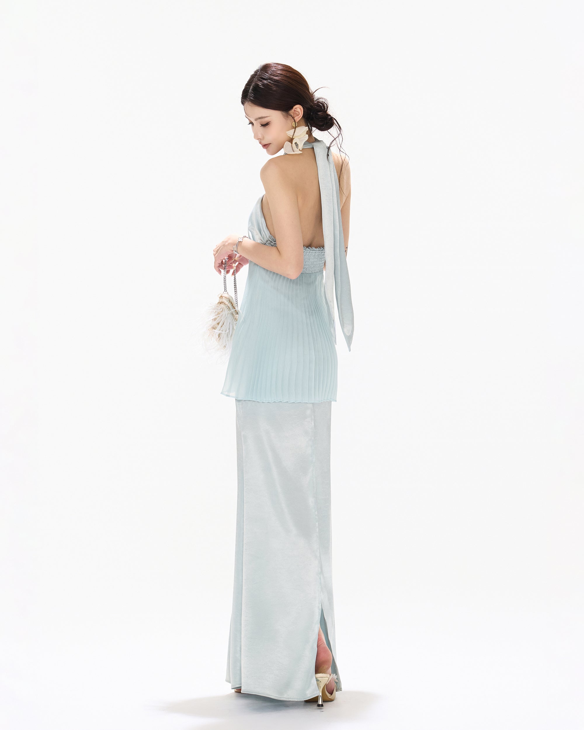 CYNR Pleated Tie-Neck Halter Maxi Dress