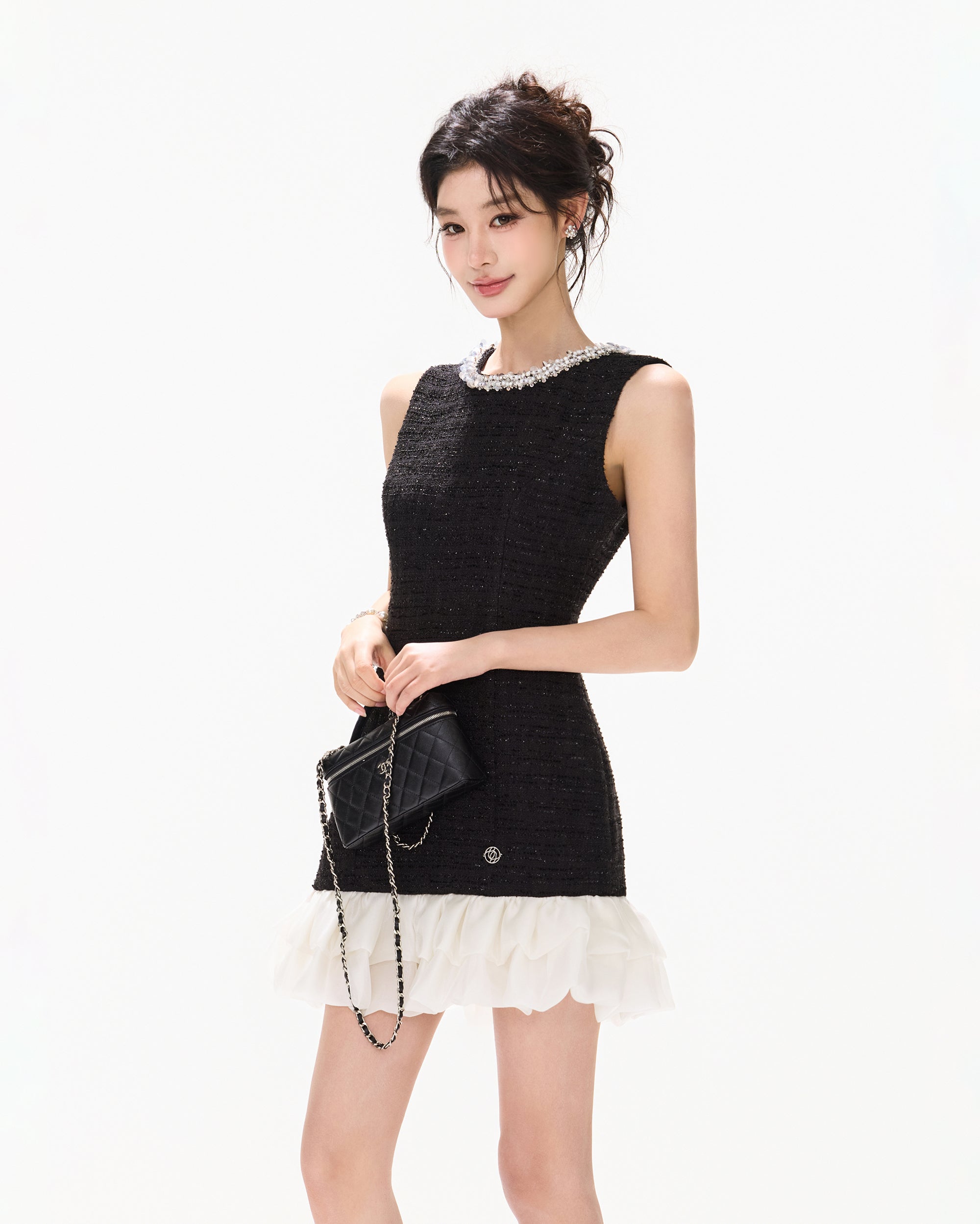 CYNR Embellished Ruffle-Hem Sleeveless Mini Dress