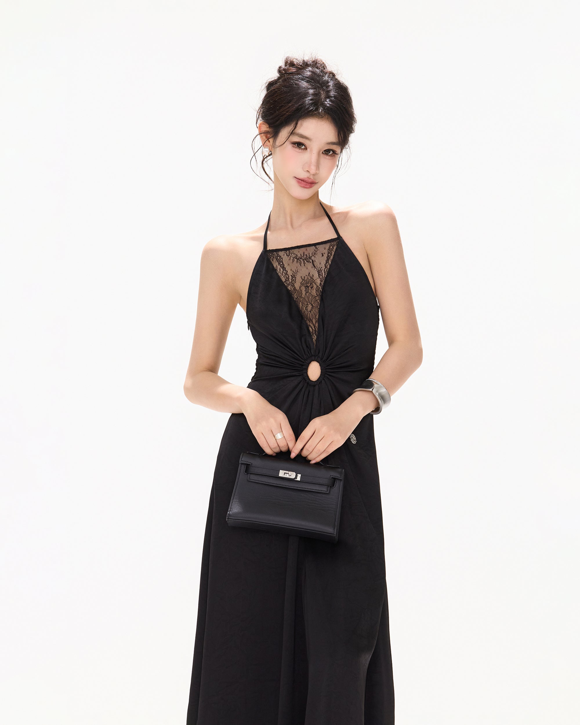 CYNR Ruched Waist Lace V-Neck Halter Maxi Dress