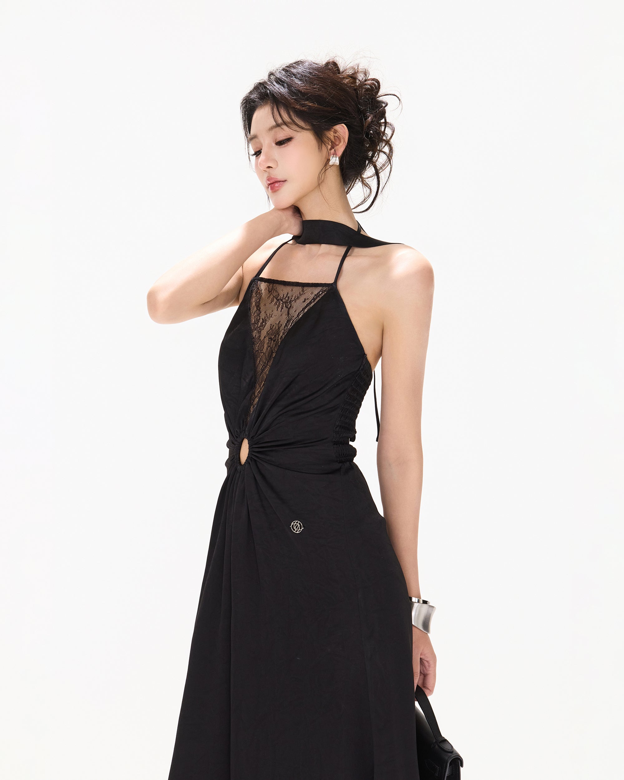 CYNR Ruched Waist Lace V-Neck Halter Maxi Dress