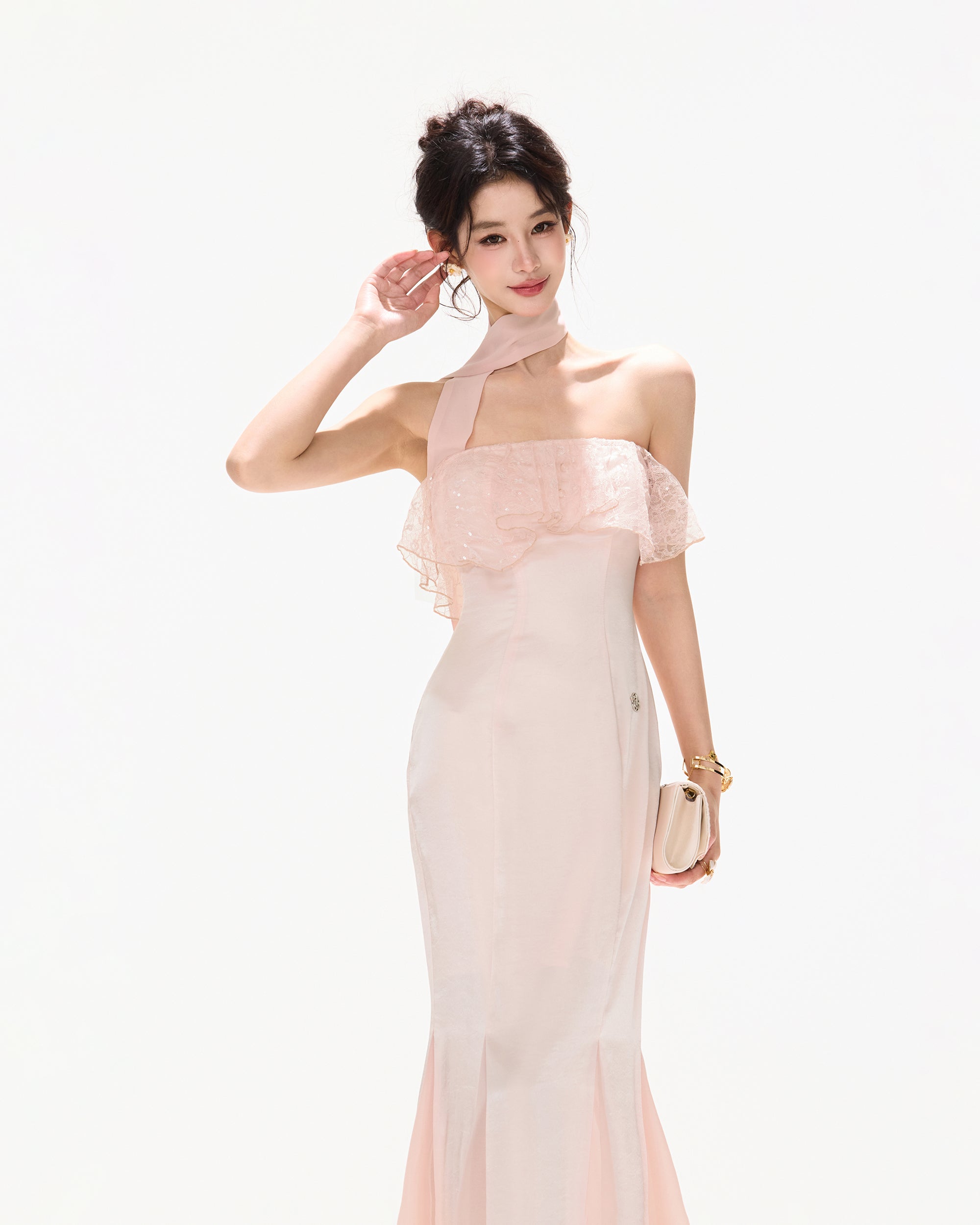 CYNR Lace Ruffle Strapless Mermaid Dress