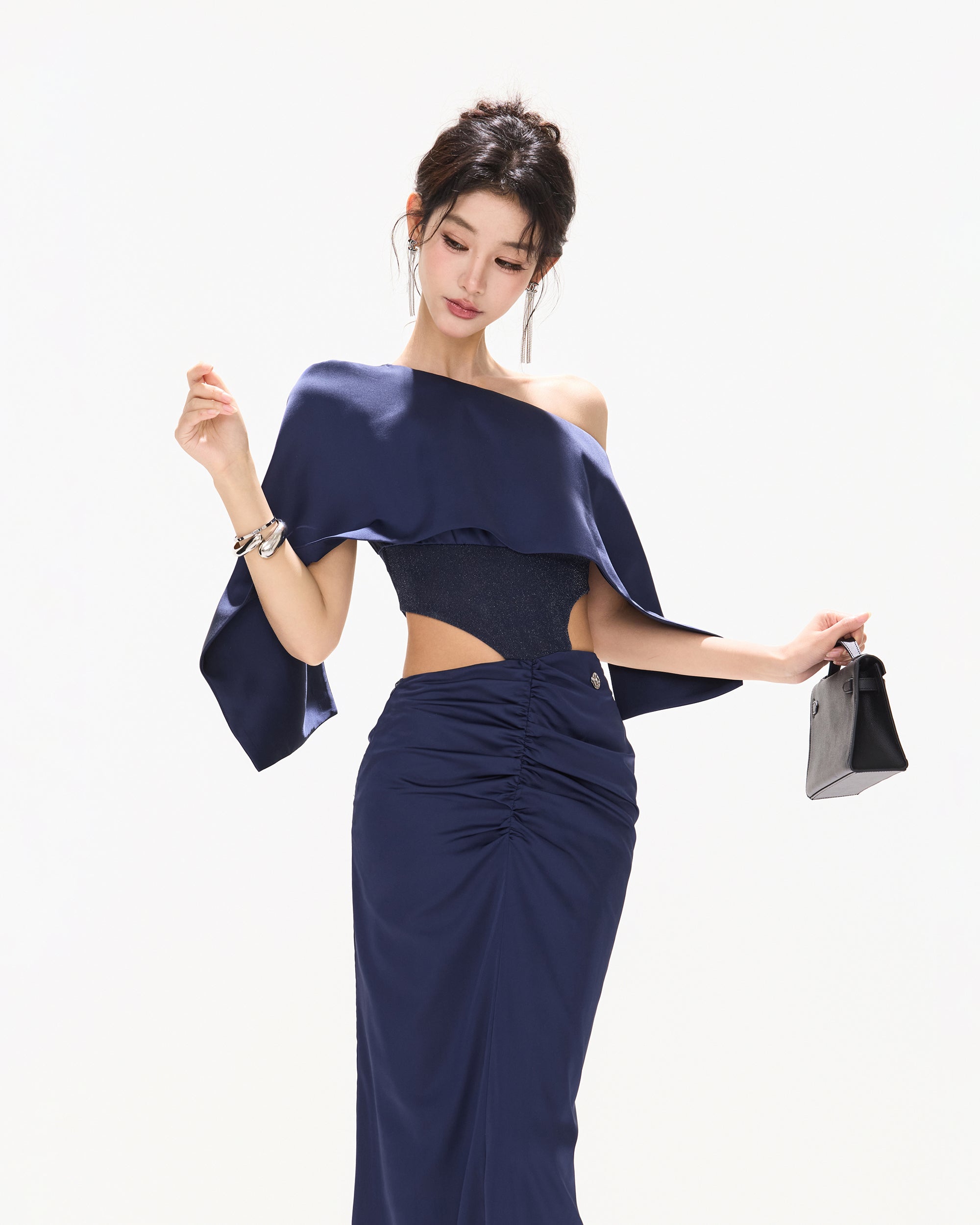 CYNR Cape-Drape Ruched Satin Dress