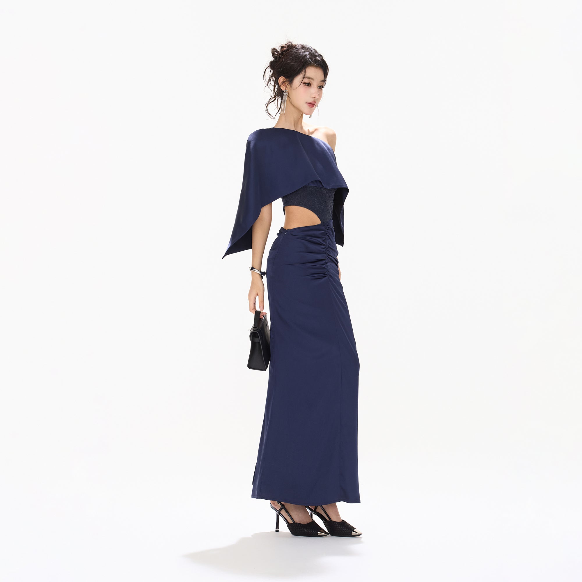 CYNR Cape-Drape Ruched Satin Dress