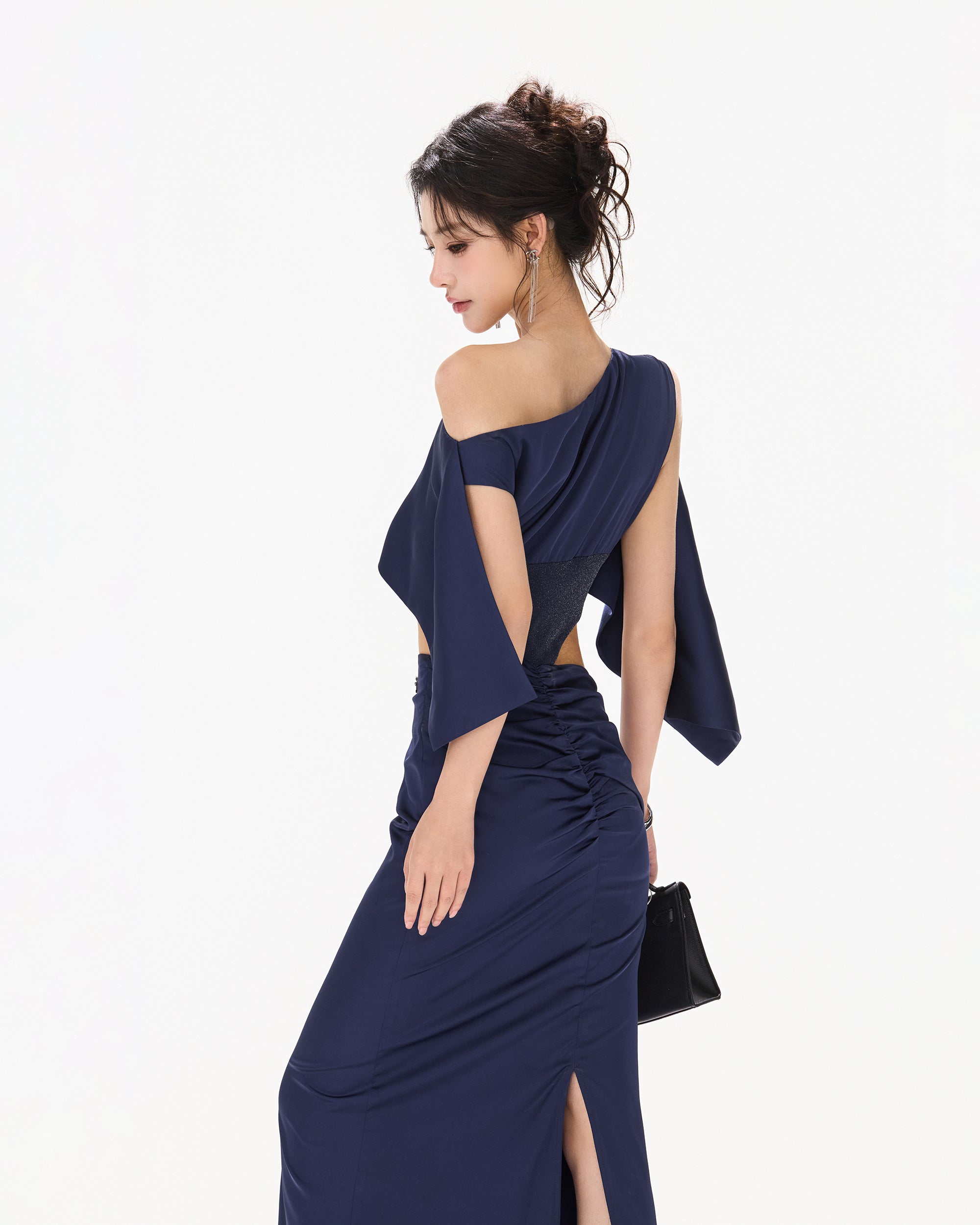 CYNR Cape-Drape Ruched Satin Dress