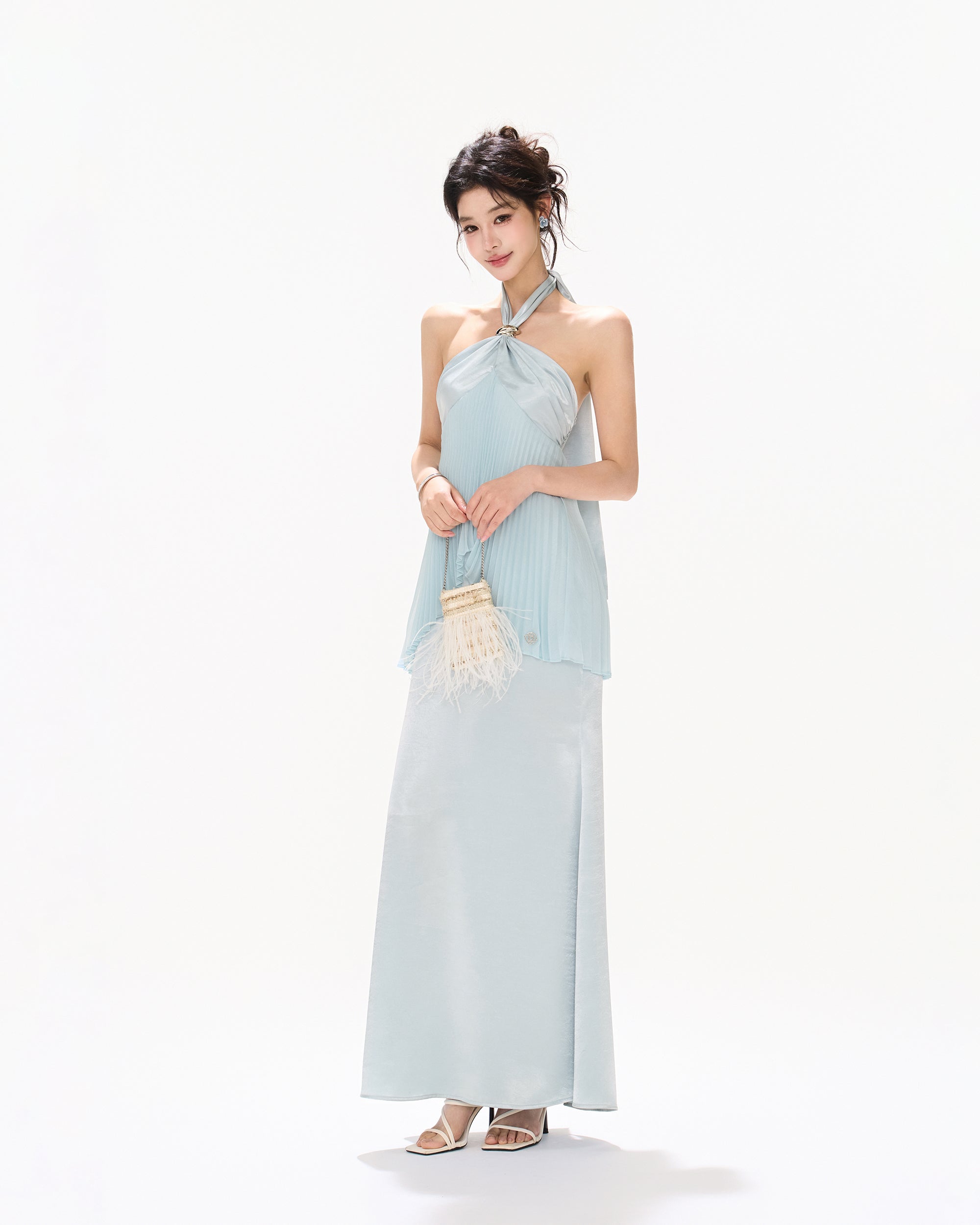 CYNR Pleated Tie-Neck Halter Maxi Dress