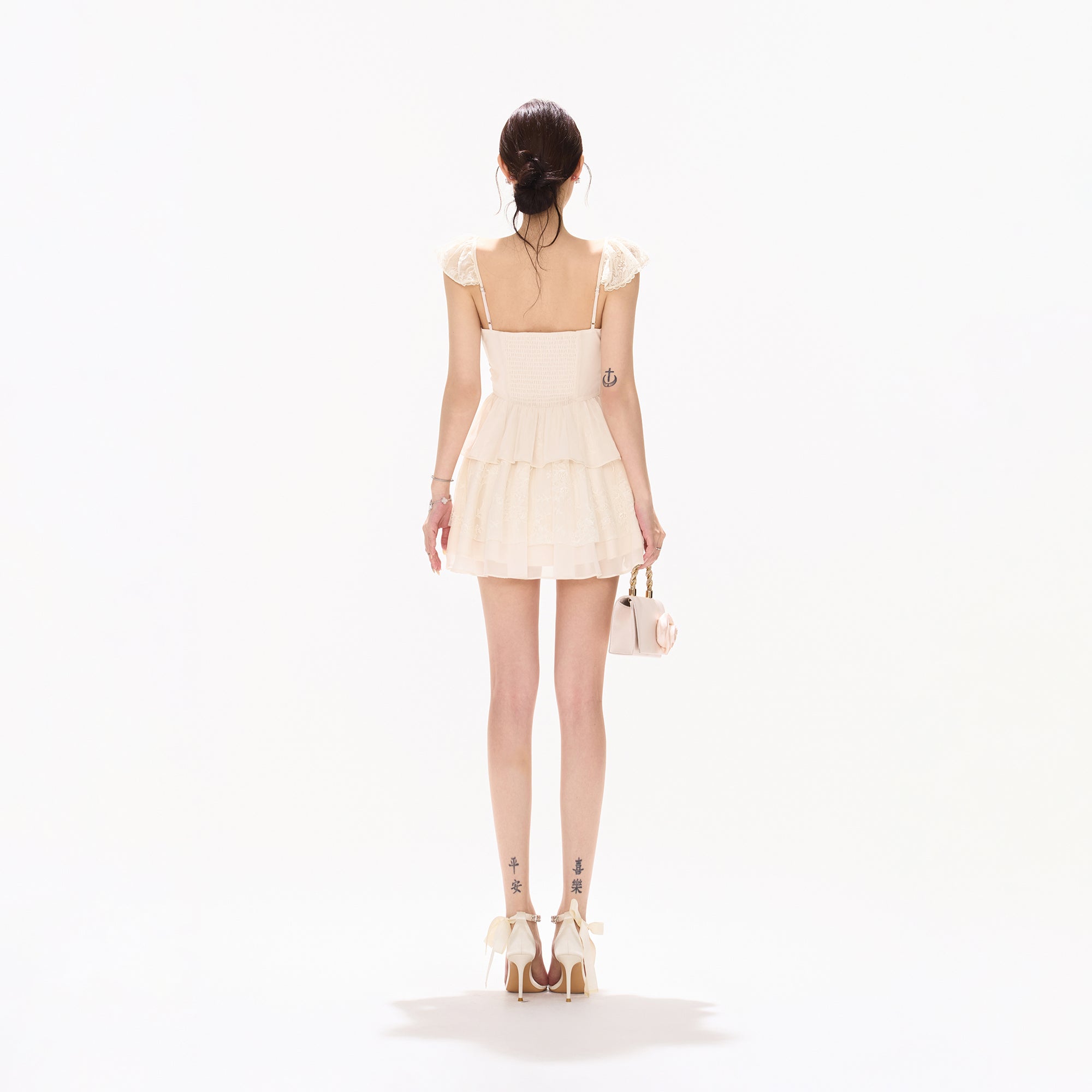 CYNR Lace-Trim Bow-Waist Chiffon Mini Dress