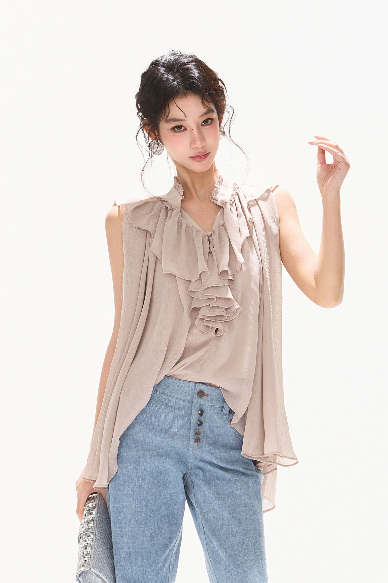 CYNR Cascading Ruffle Sheer Cape Top