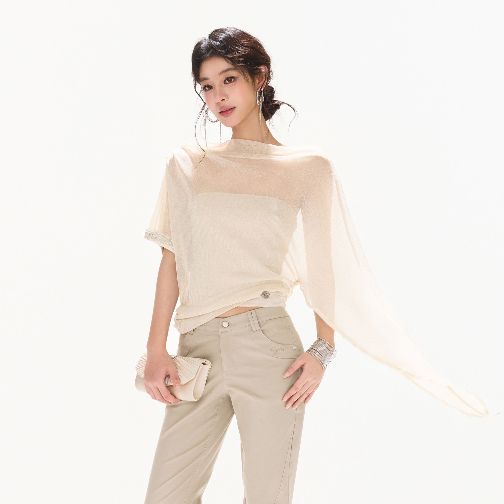 CYNR Asymmetrical Sheer Cape-Sleeve Top
