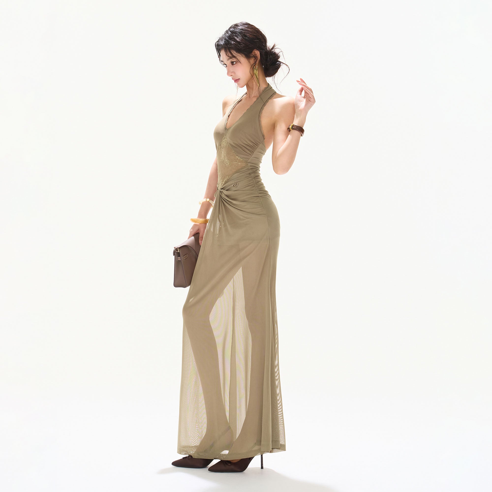 CYNR Draped Sheer Halter Maxi Dress