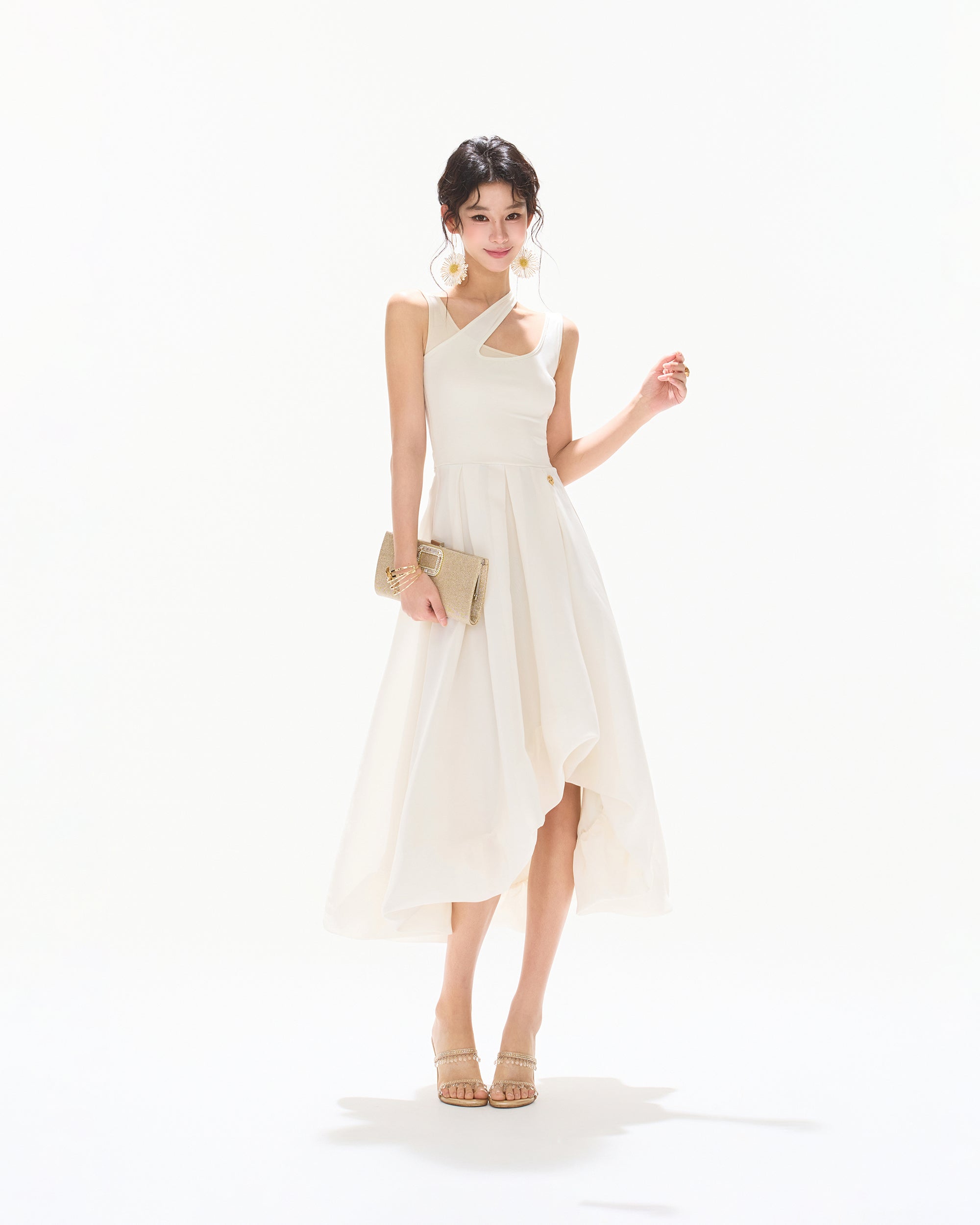 CYNR Cut-Out Neckline Asymmetrical Chiffon Midi Dress