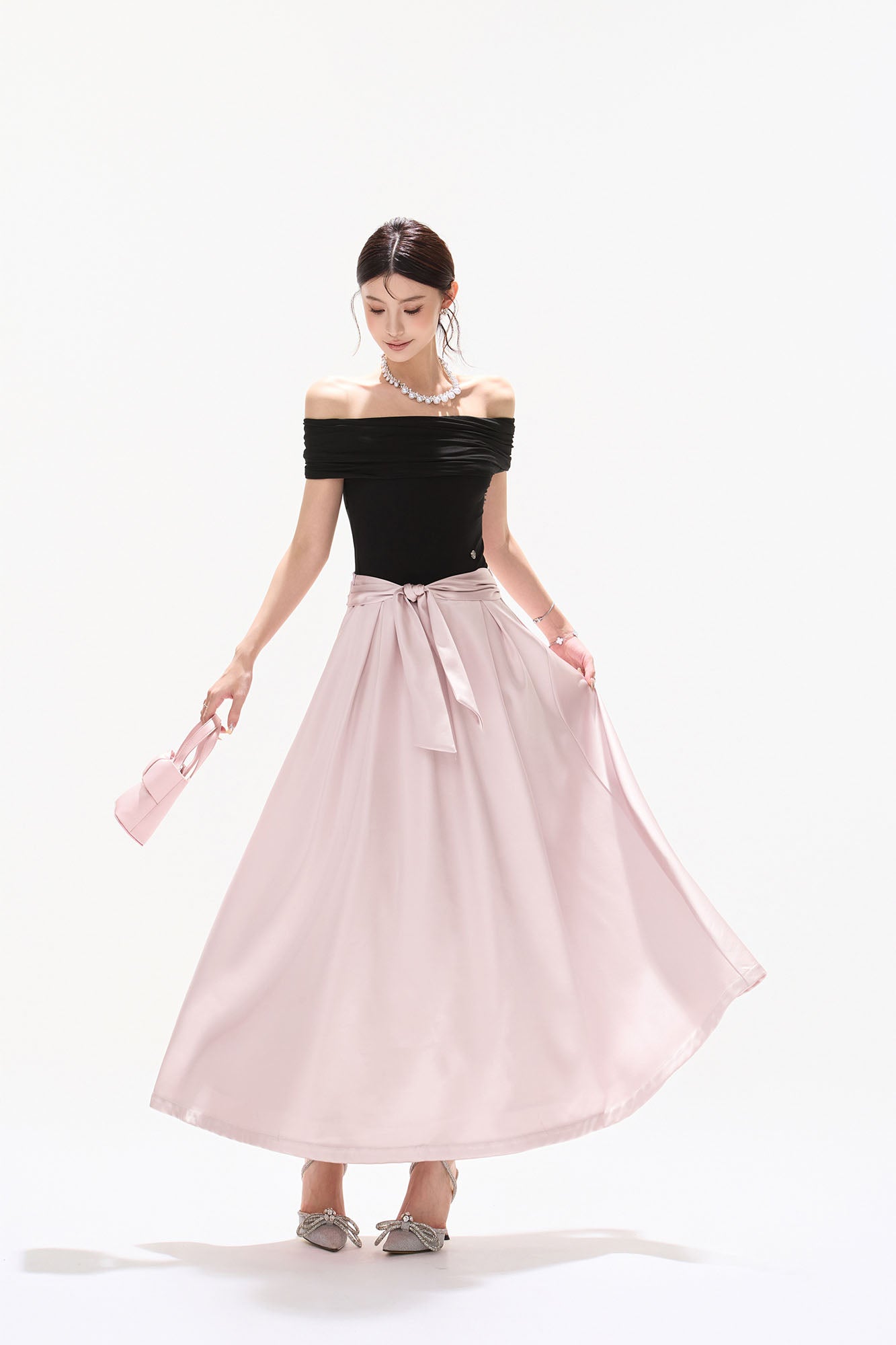 CYNR Off-Shoulder Bow-Waist Satin Maxi Dress