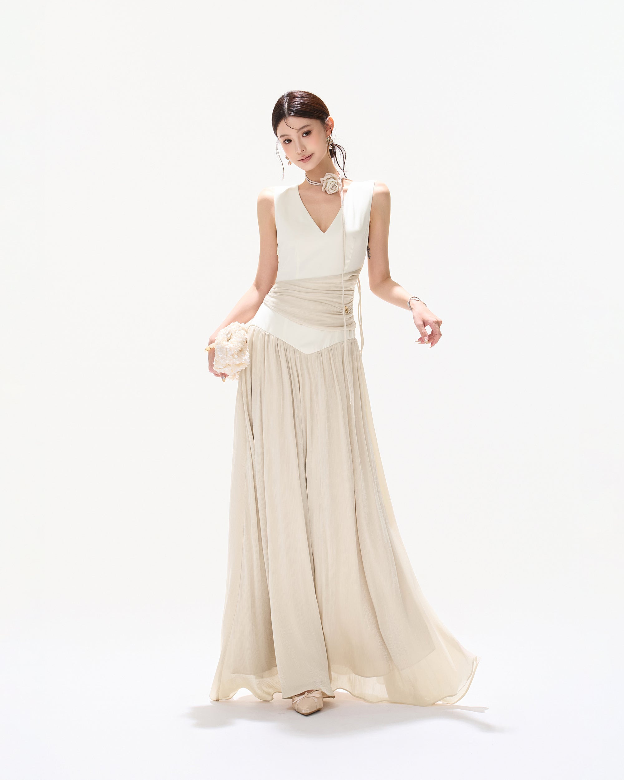 CYNR  V-Neck Draped-Waist Chiffon Maxi Dress