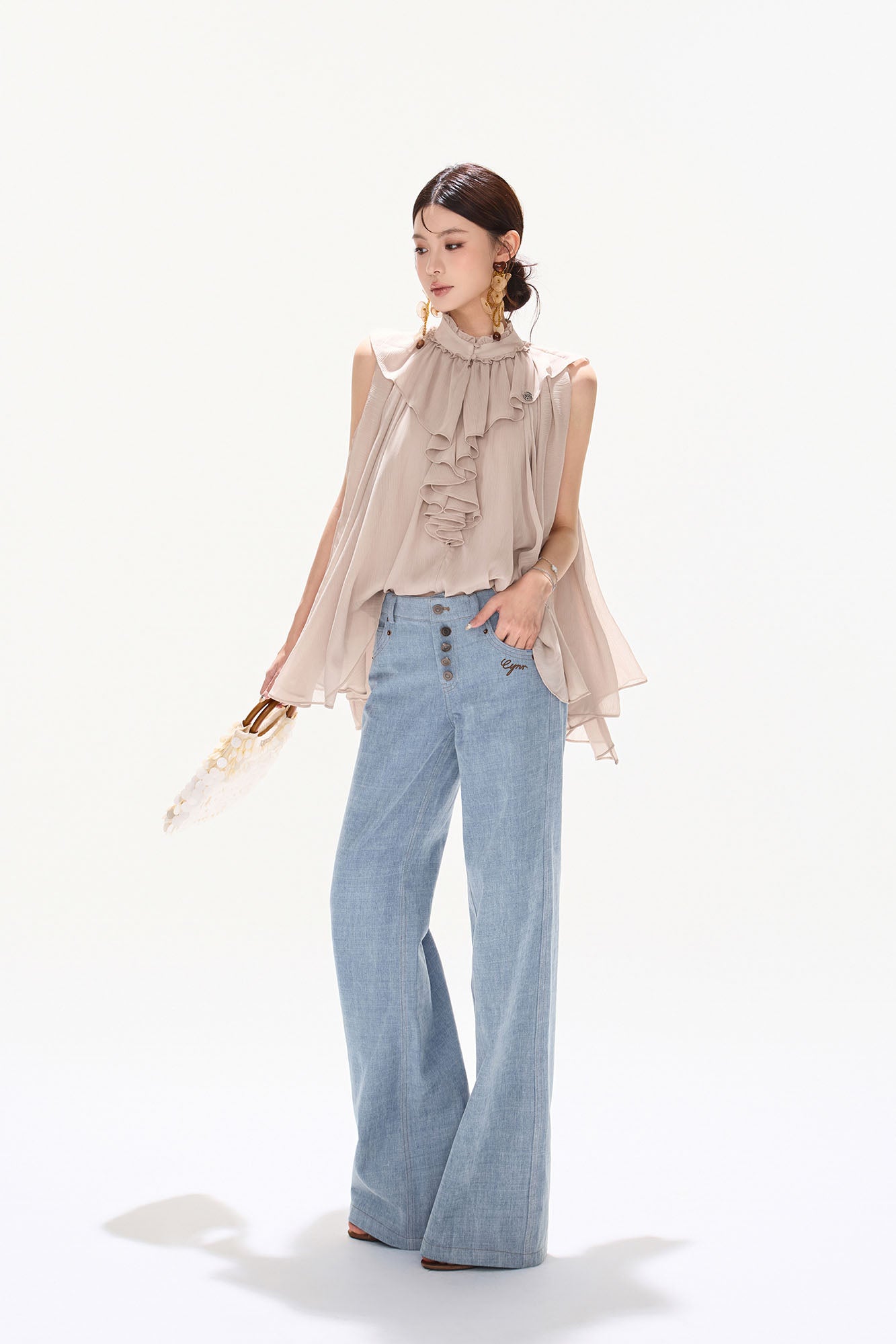 CYNR Cascading Ruffle Sheer Cape Top