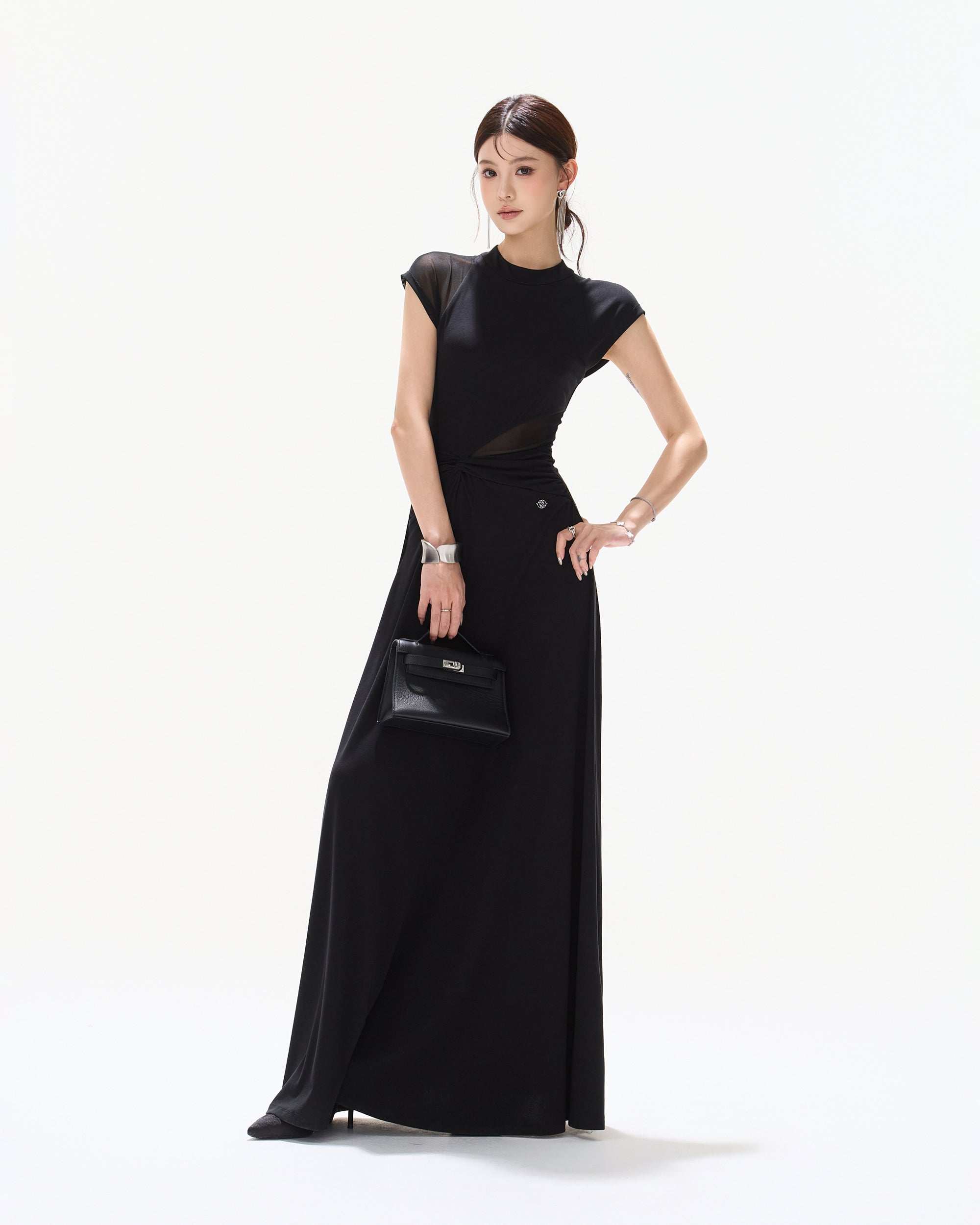 CYNR Twisted Waist Sheer Cap-Sleeve Maxi Dress