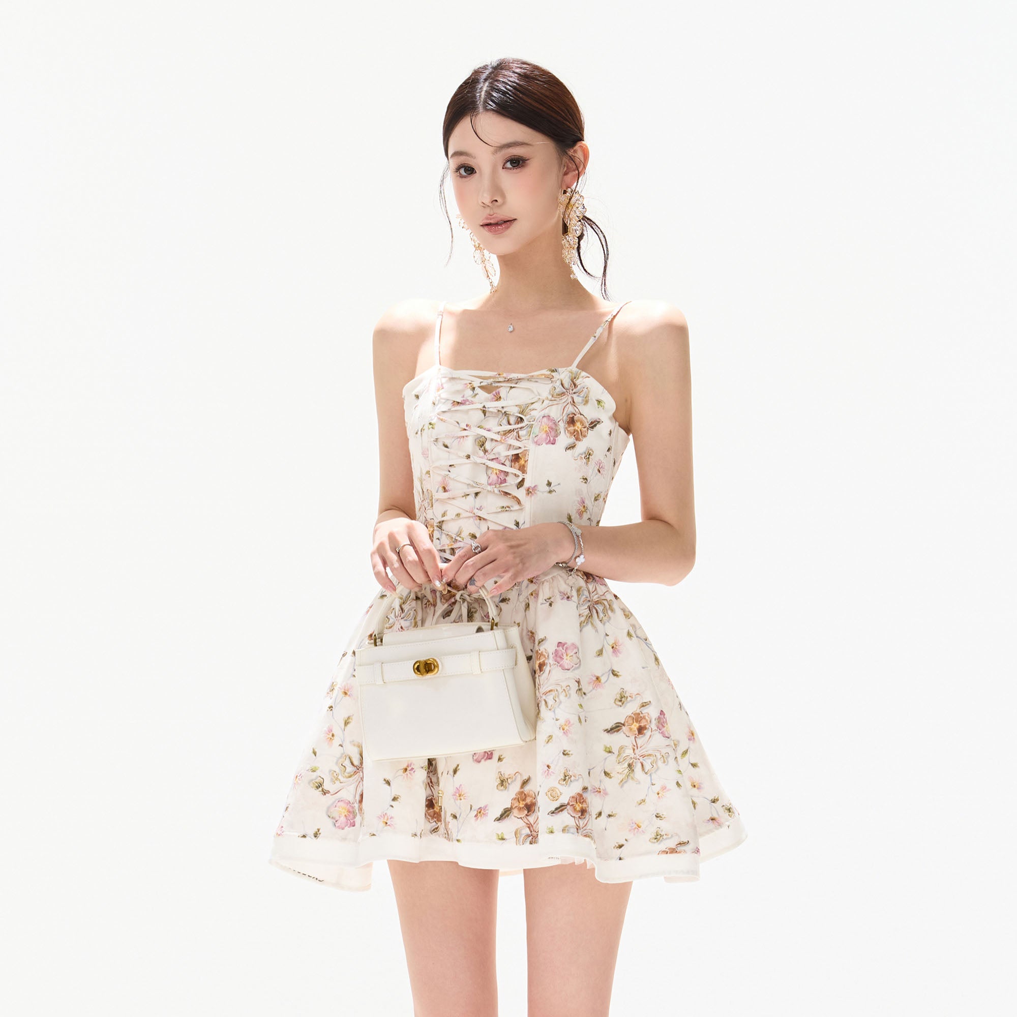 CYNR Floral Lace-Up Mini Dress