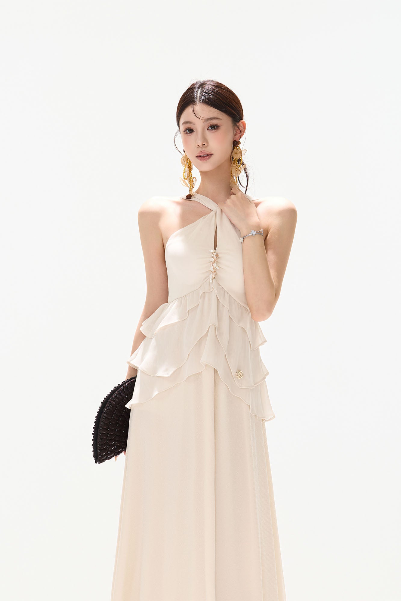 CYNR Tiered Halter Maxi Dress White