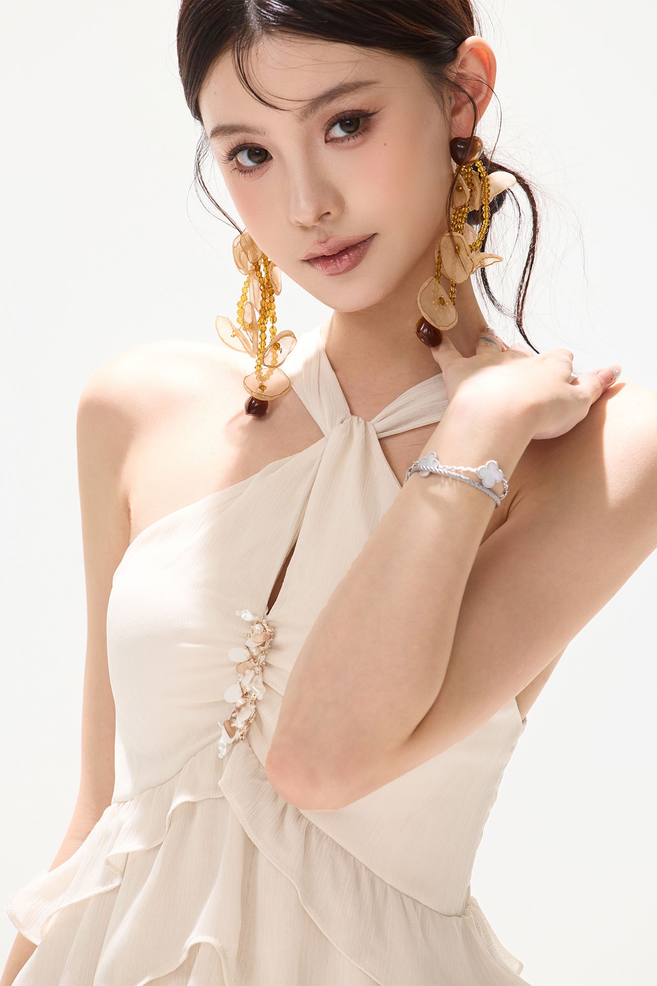 CYNR Tiered Halter Maxi Dress White