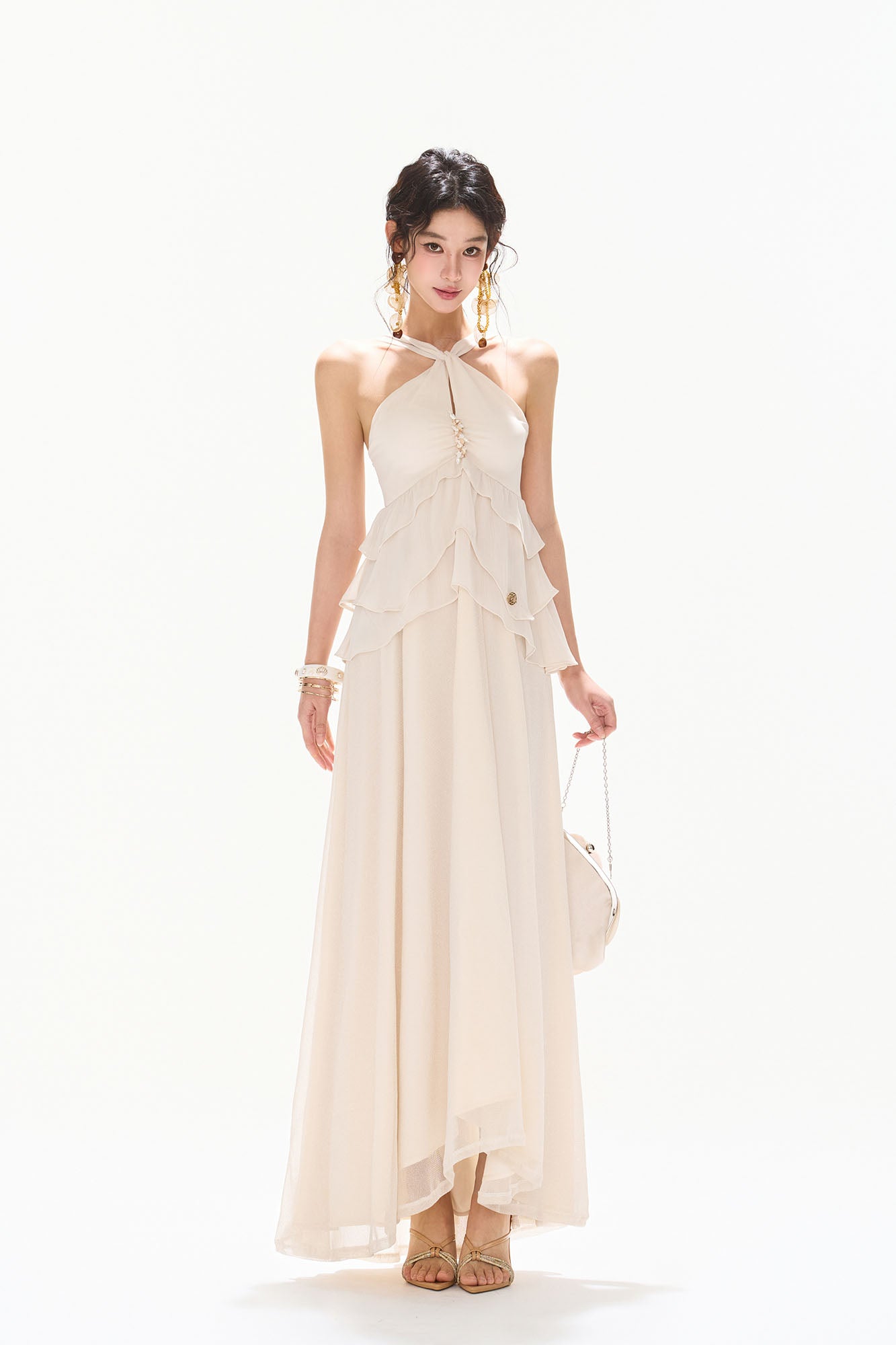 CYNR Tiered Halter Maxi Dress White