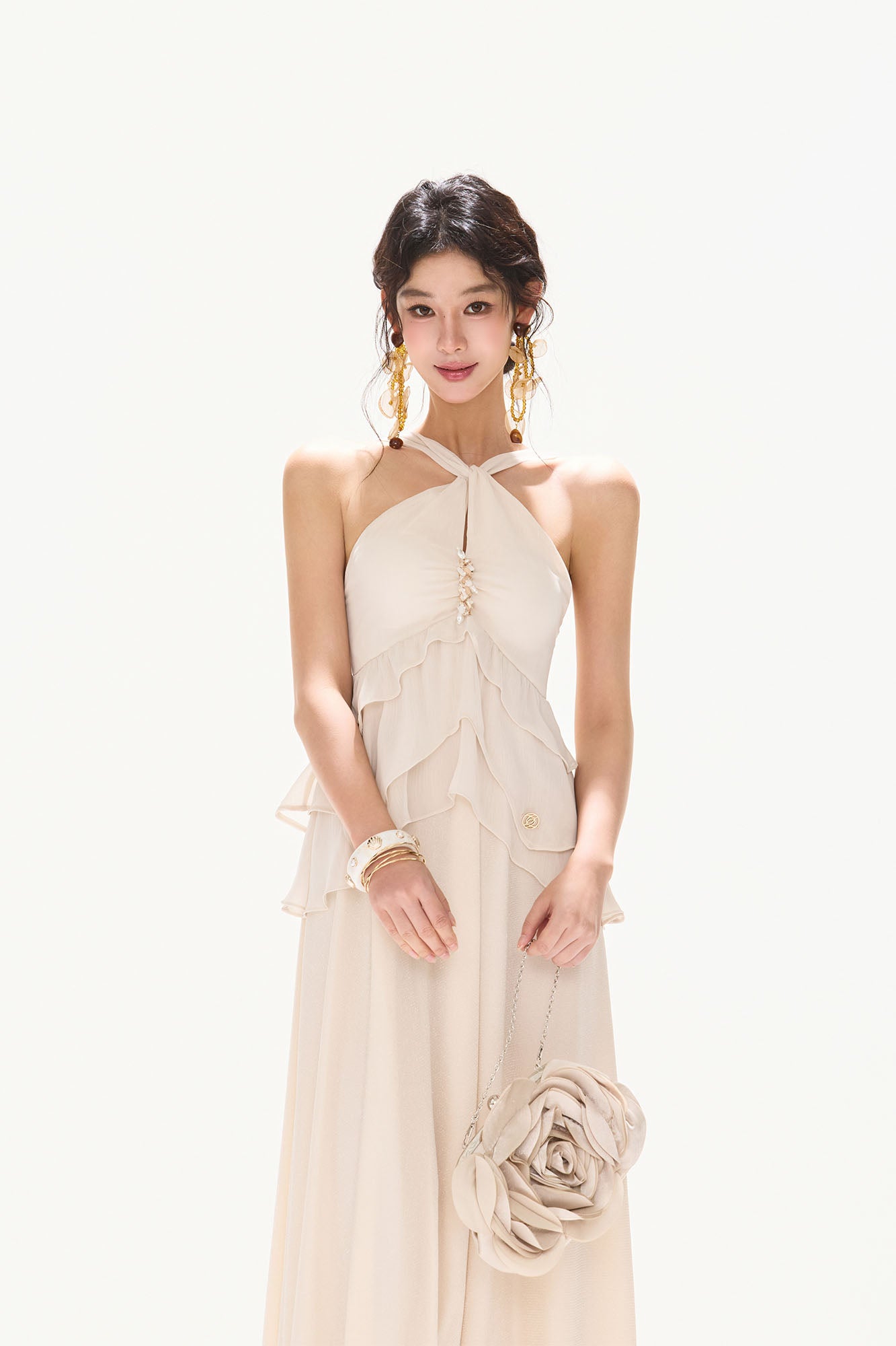 CYNR Tiered Halter Maxi Dress White