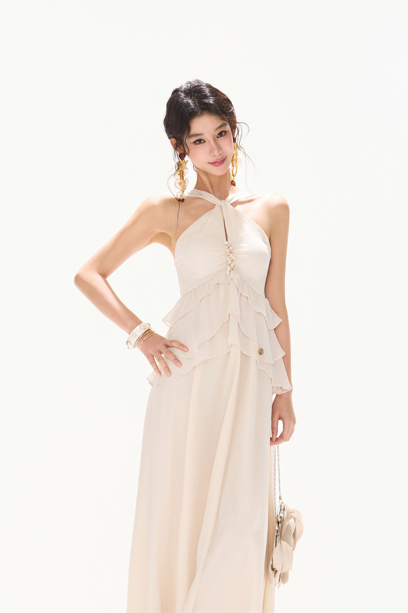 CYNR Tiered Halter Maxi Dress White