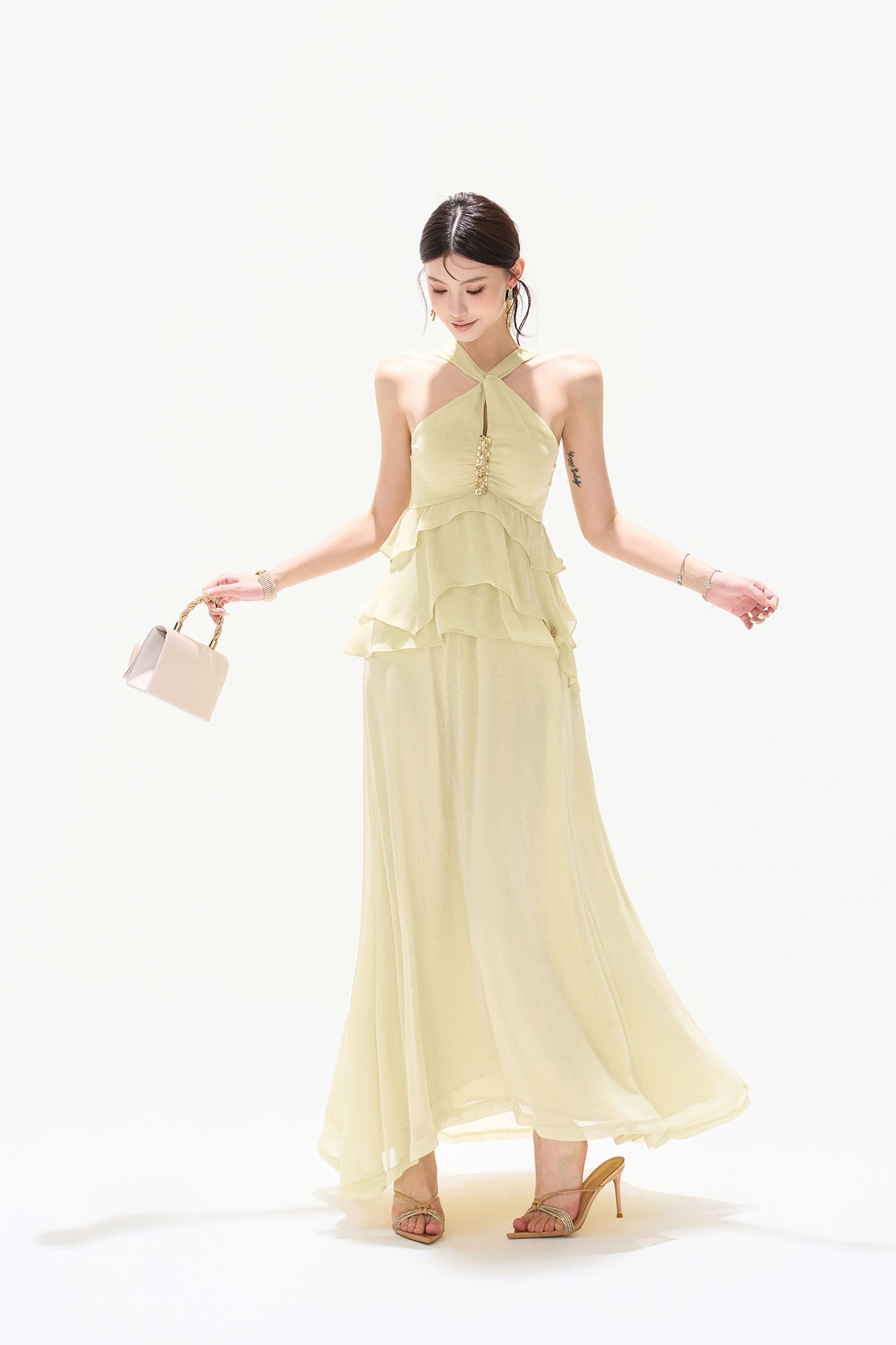 CYNR Tiered Halter Maxi Dress