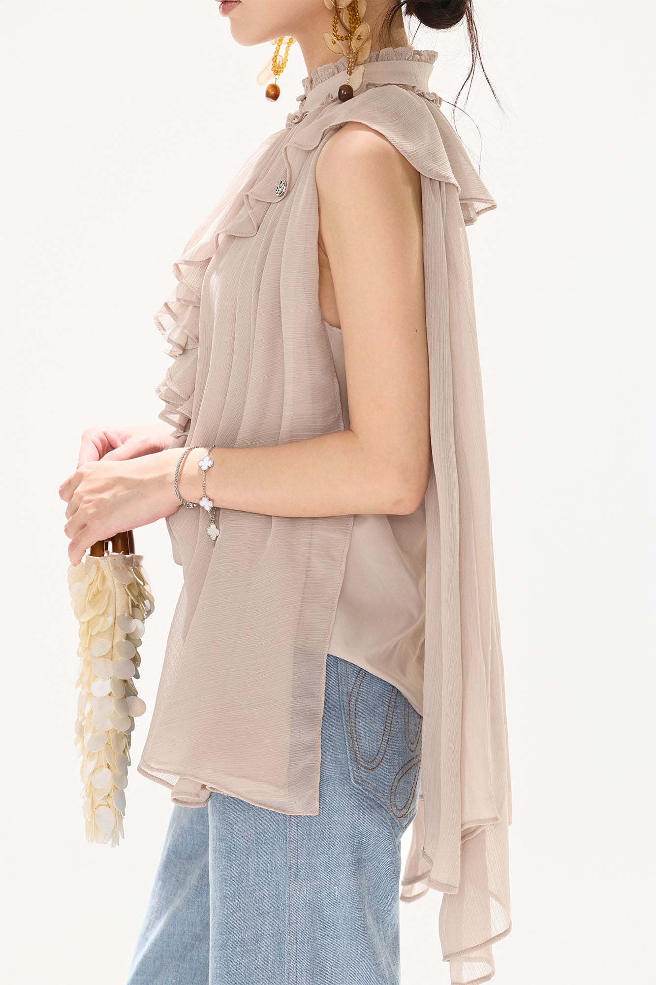 CYNR Cascading Ruffle Sheer Cape Top