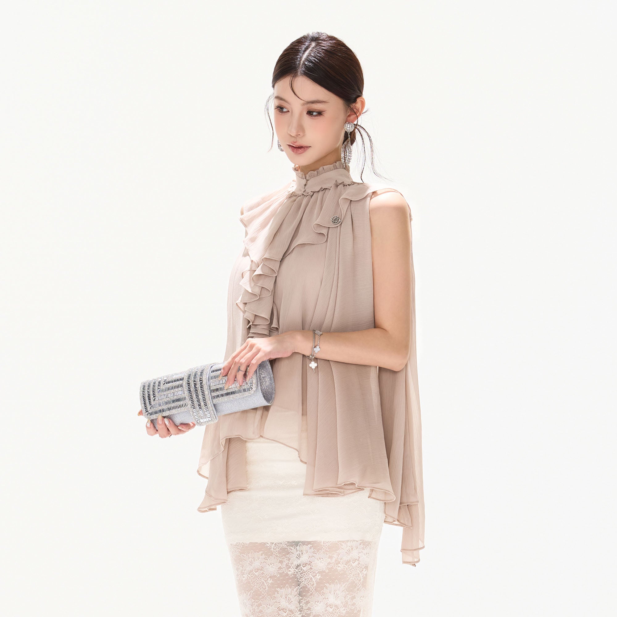 CYNR Cascading Ruffle Sheer Cape Top