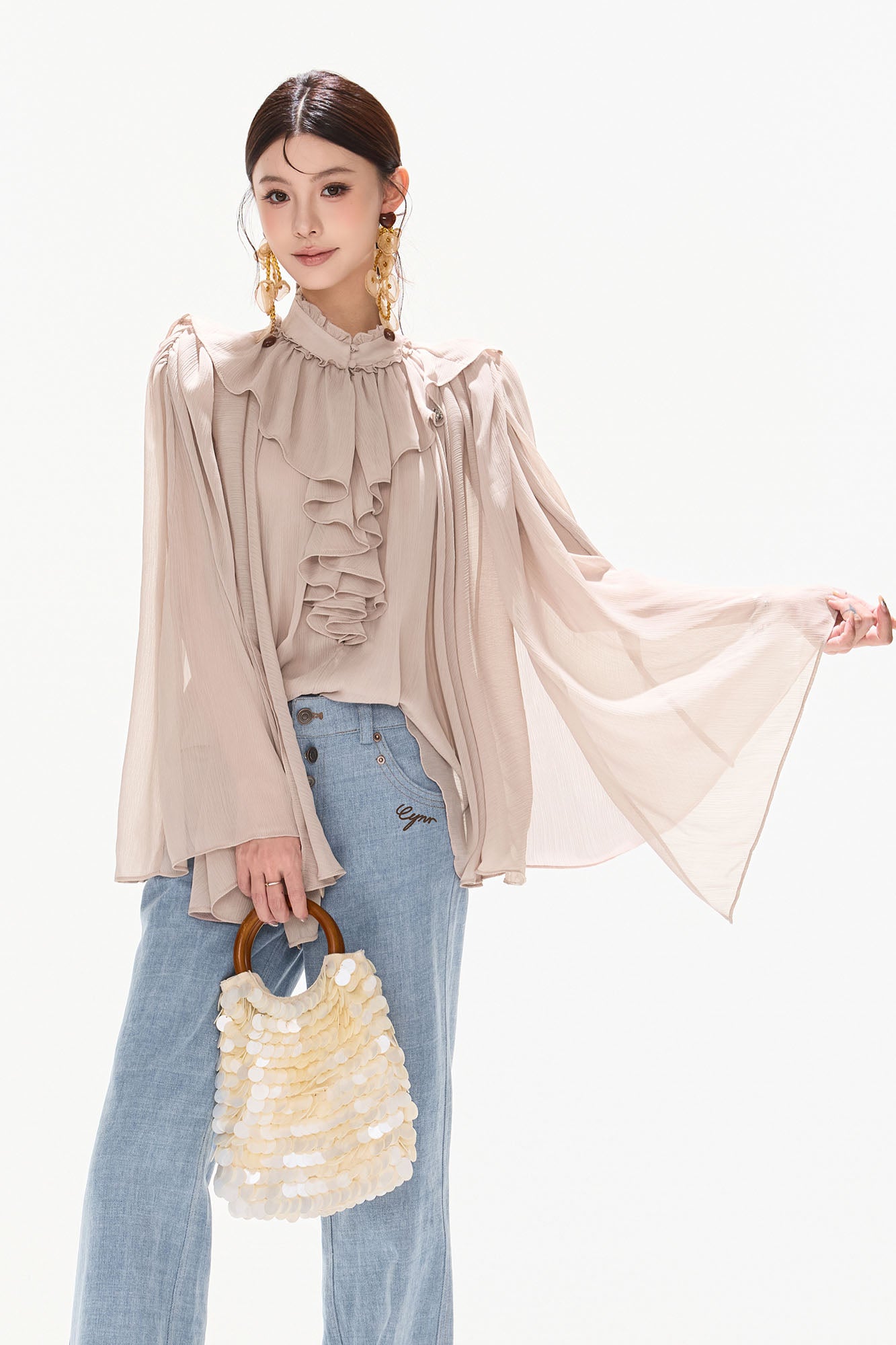CYNR Cascading Ruffle Sheer Cape Top