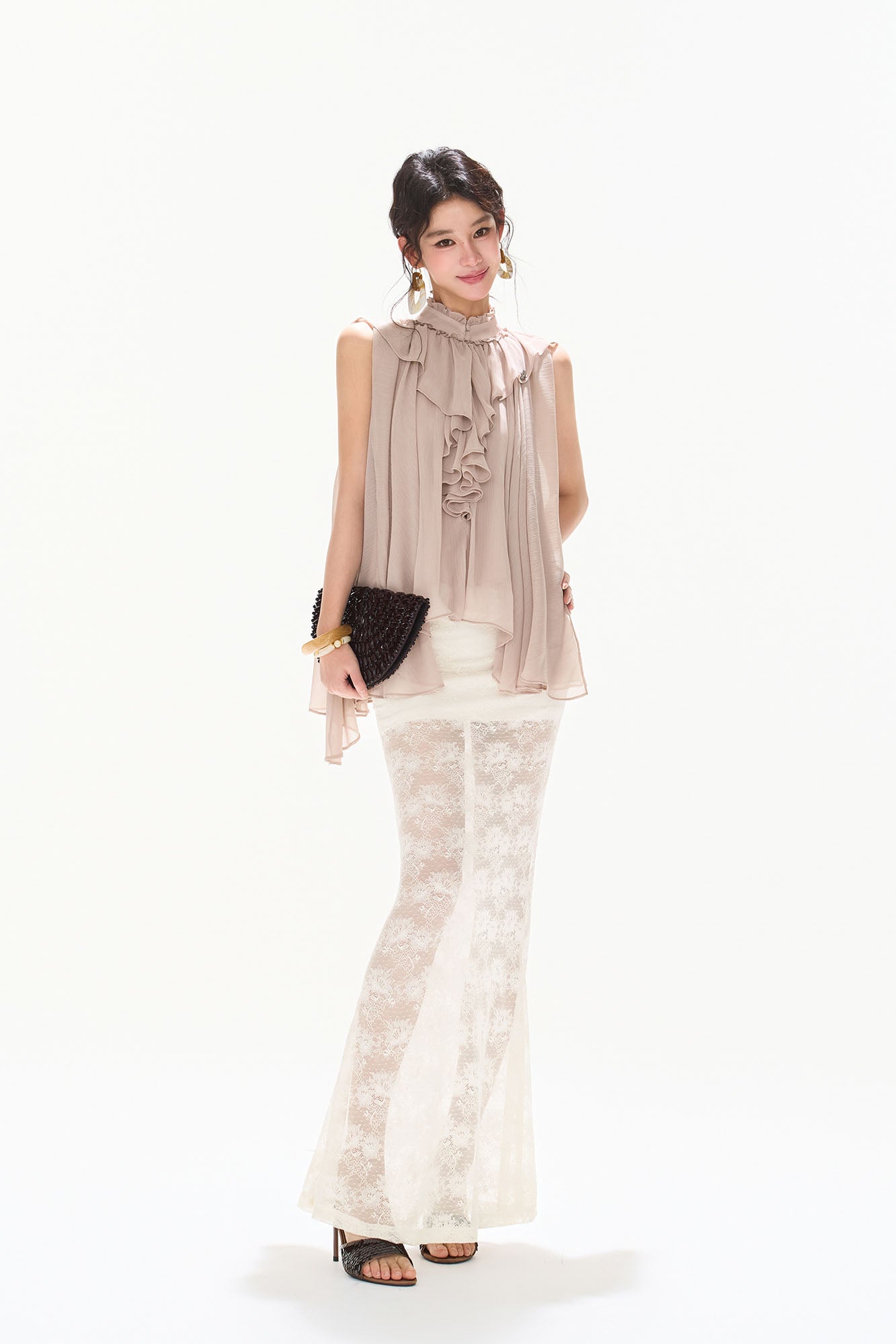 CYNR Cascading Ruffle Sheer Cape Top