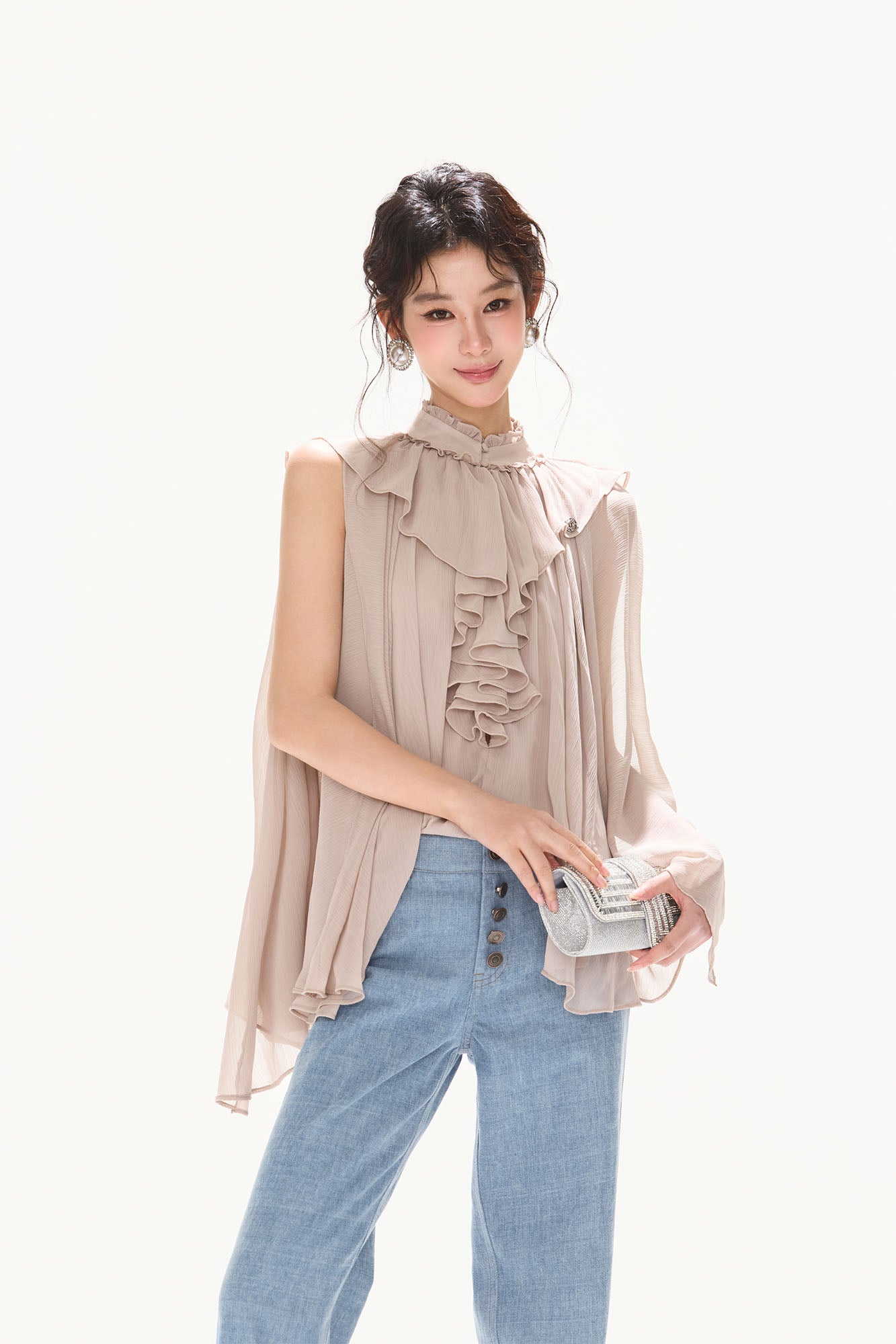CYNR Cascading Ruffle Sheer Cape Top