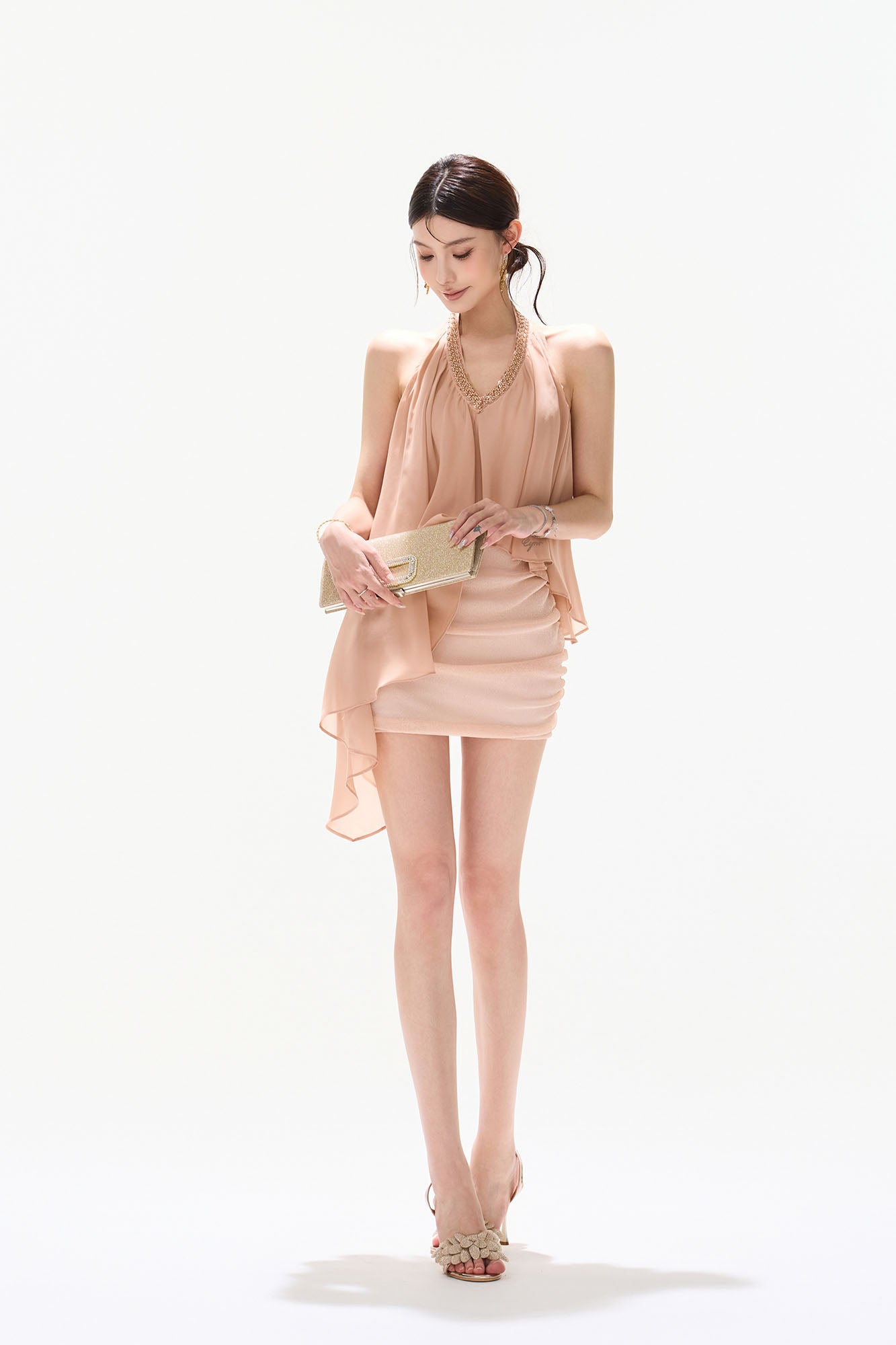 CYNR Embellished Halter Draped Mini Dress
