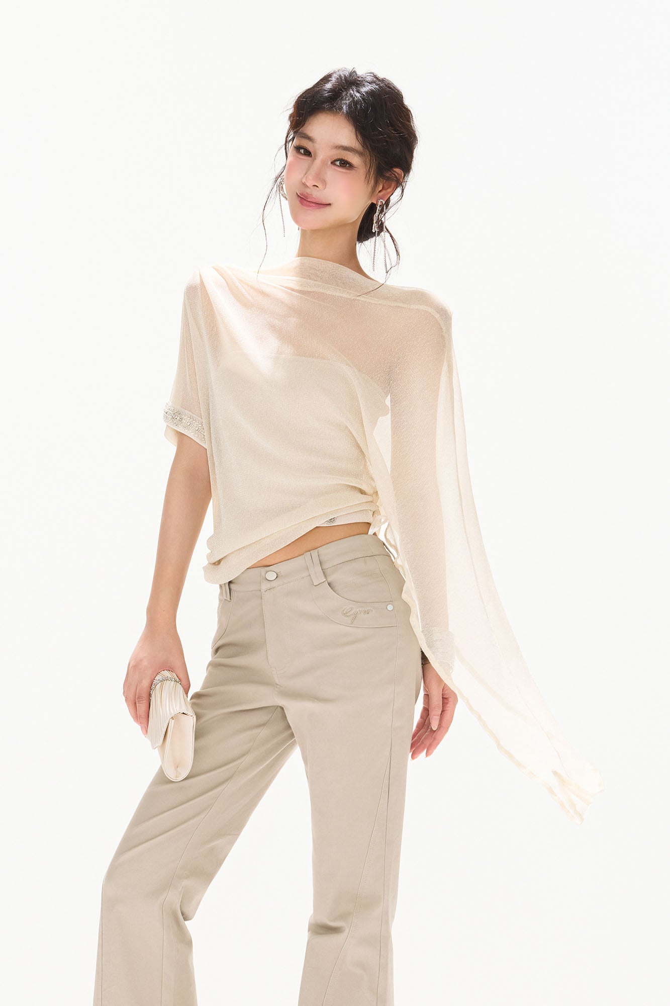 CYNR Asymmetrical Sheer Cape-Sleeve Top