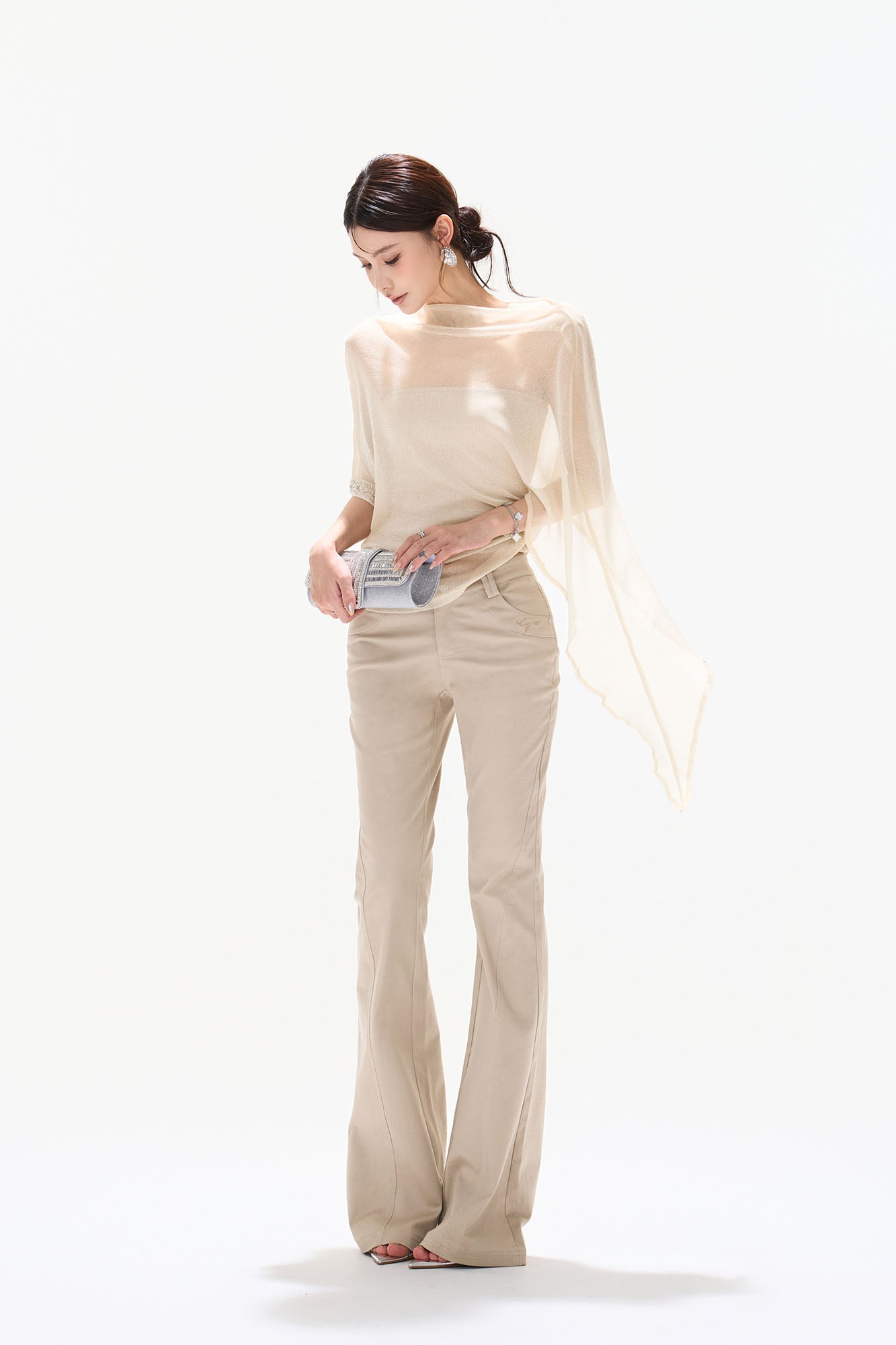 CYNR Asymmetrical Sheer Cape-Sleeve Top