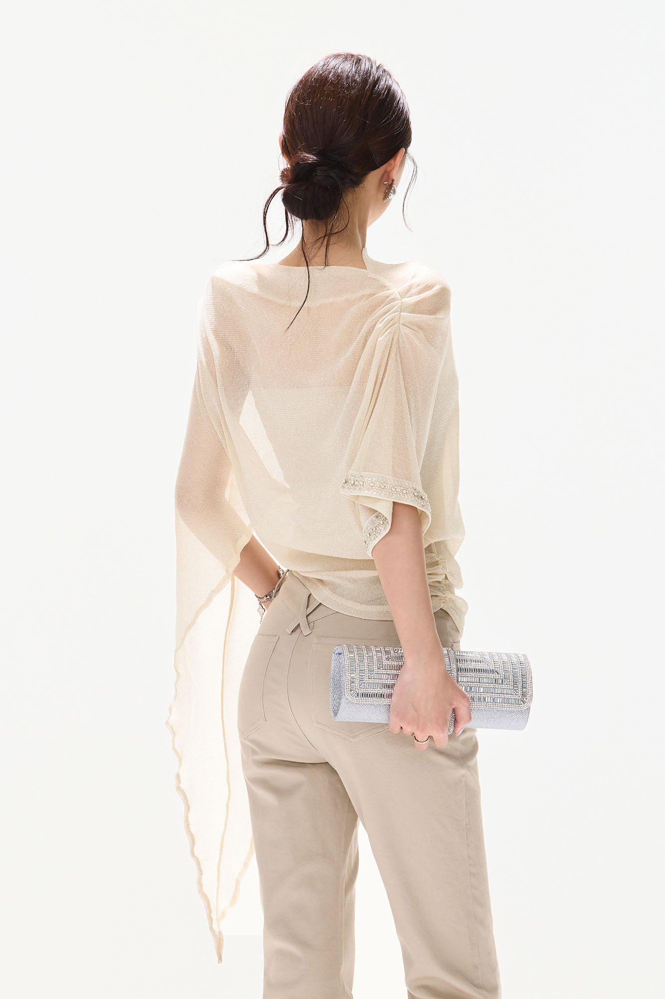 CYNR Asymmetrical Sheer Cape-Sleeve Top