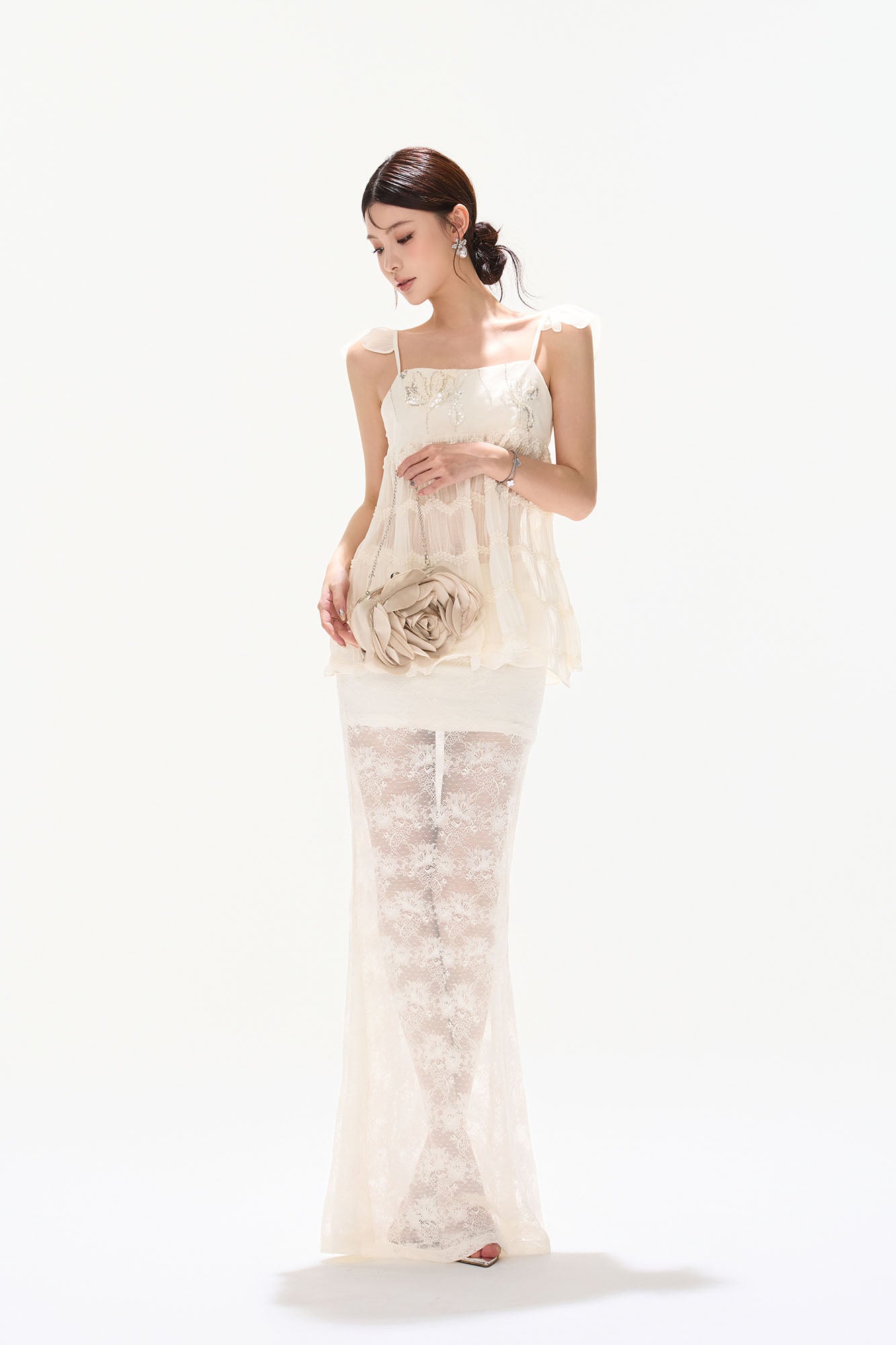 CYNR Sheer Floral Lace Maxi Skirt