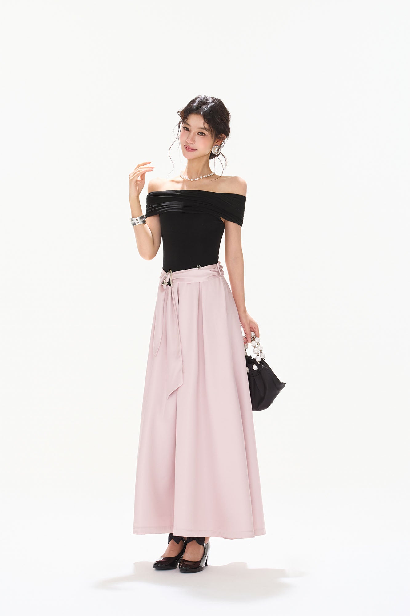 CYNR Off-Shoulder Bow-Waist Satin Maxi Dress