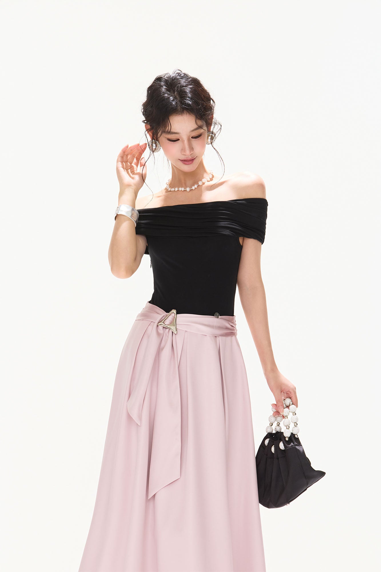 CYNR Off-Shoulder Bow-Waist Satin Maxi Dress
