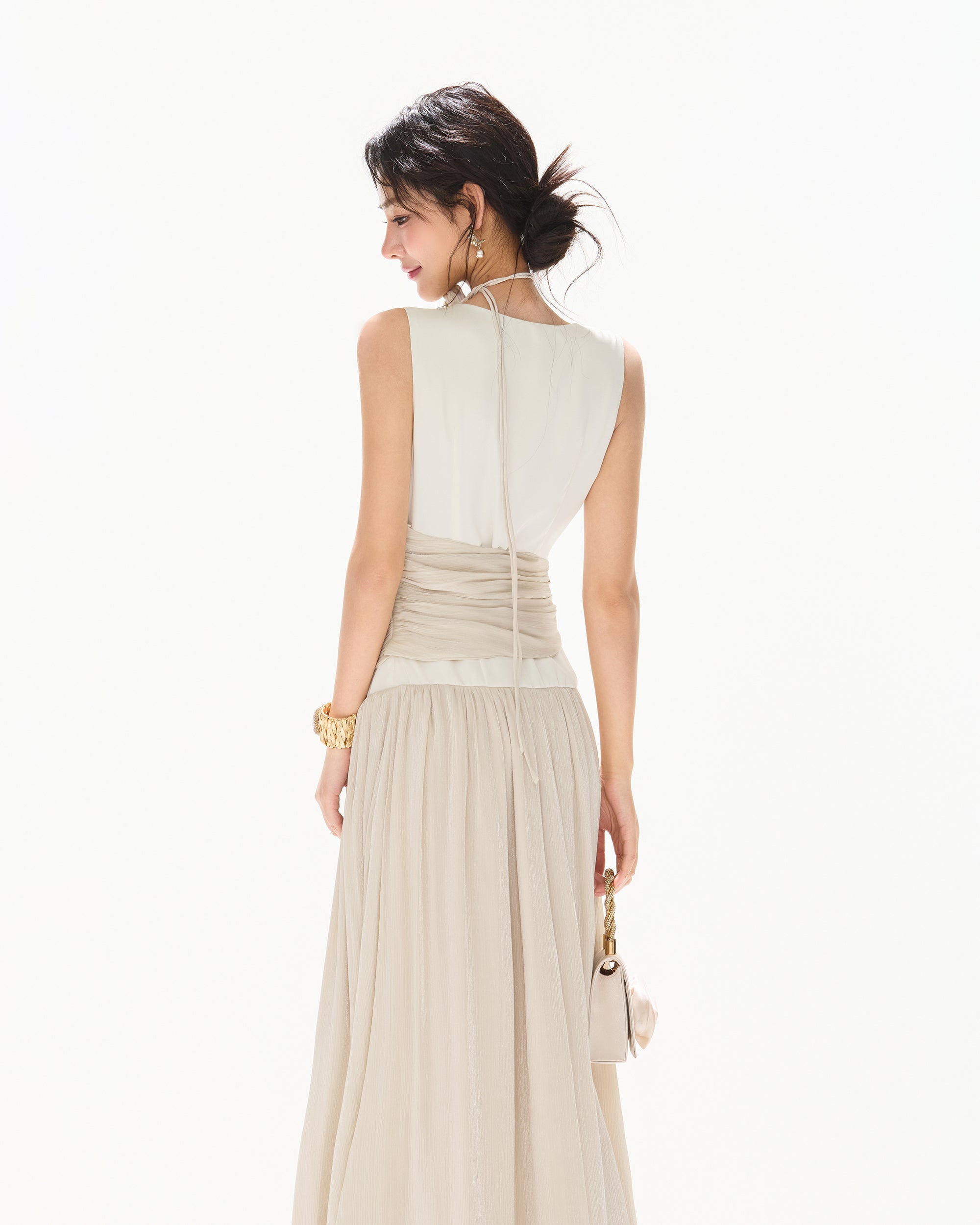 CYNR  V-Neck Draped-Waist Chiffon Maxi Dress