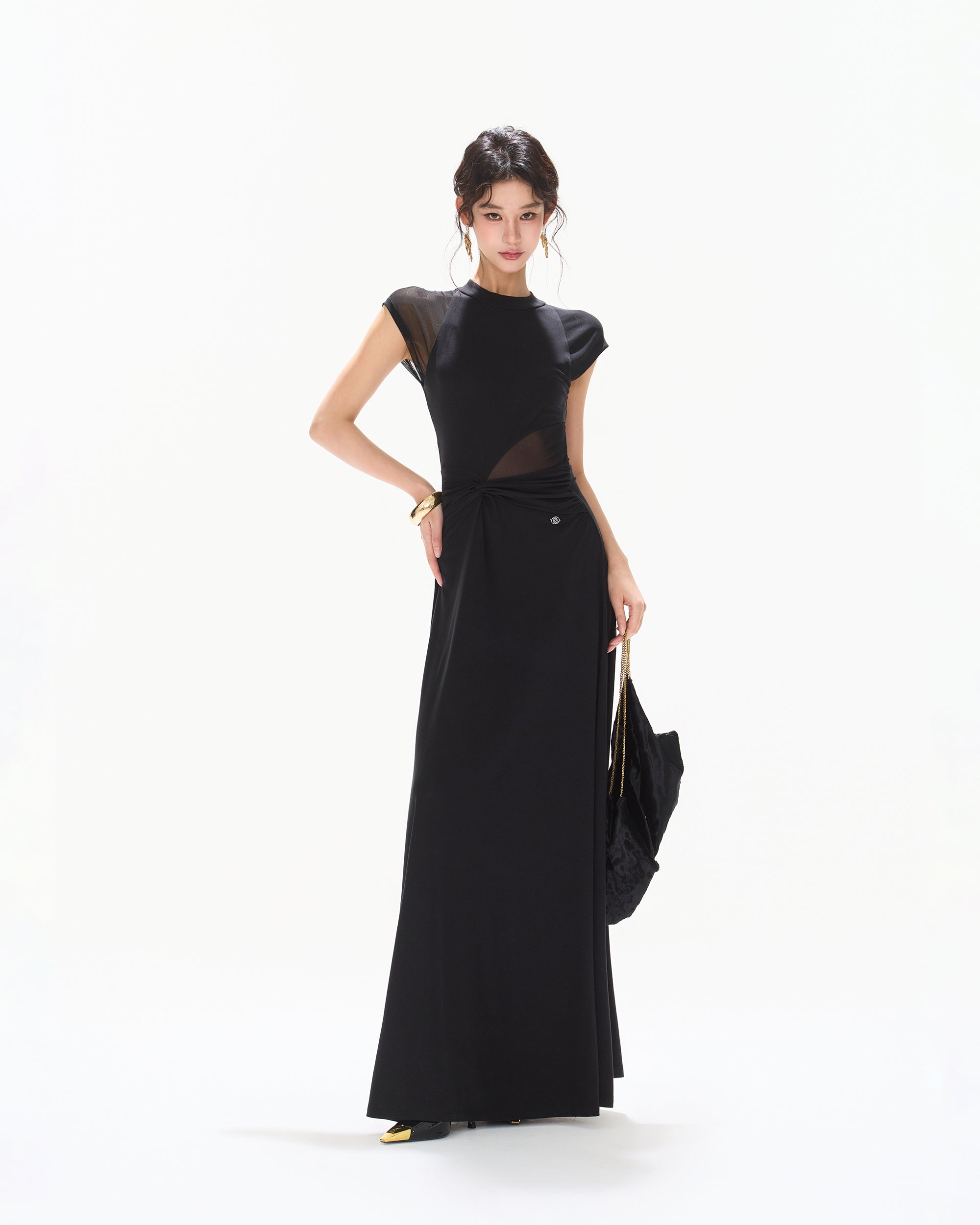 CYNR Twisted Waist Sheer Cap-Sleeve Maxi Dress
