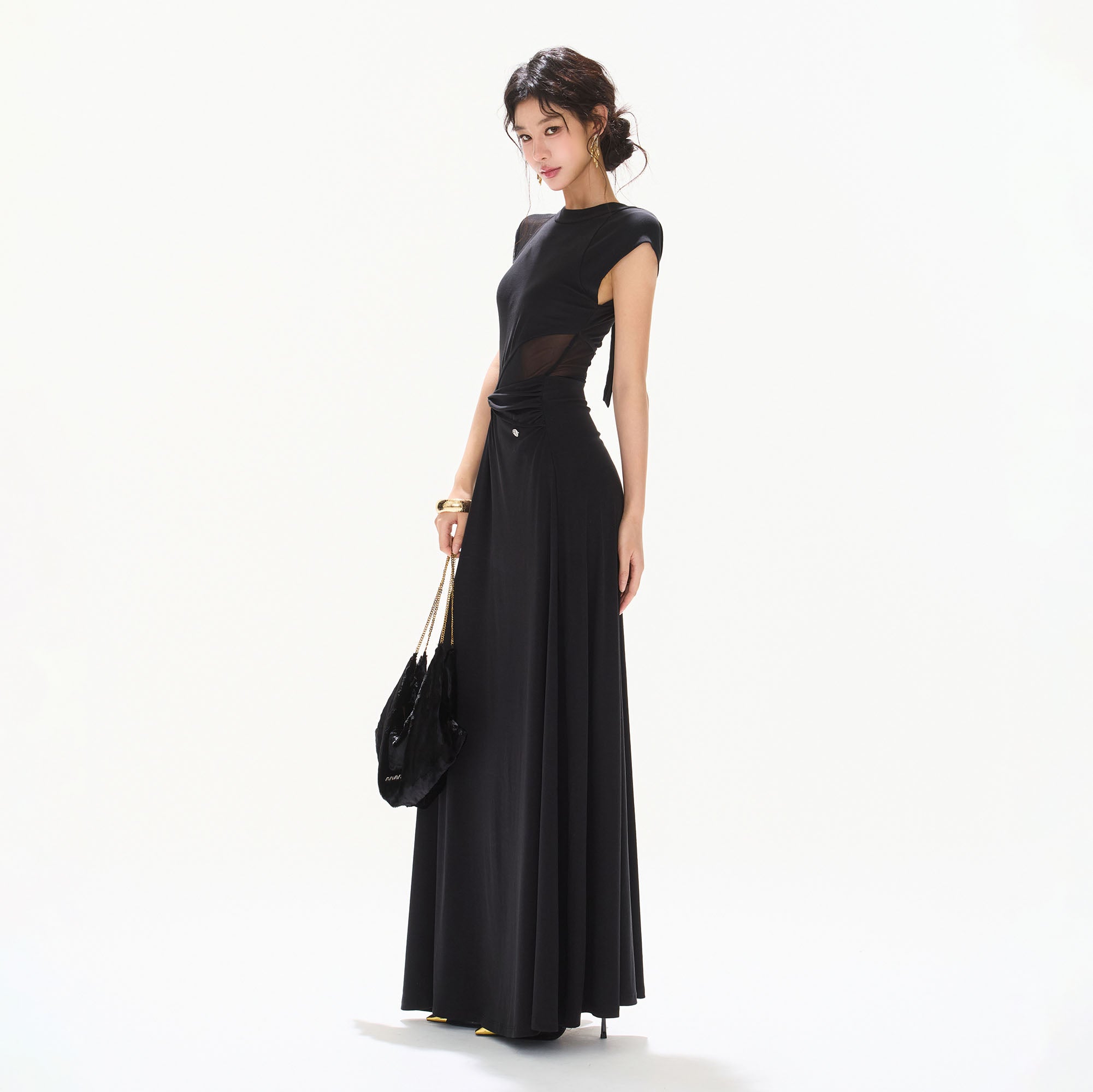 CYNR Twisted Waist Sheer Cap-Sleeve Maxi Dress