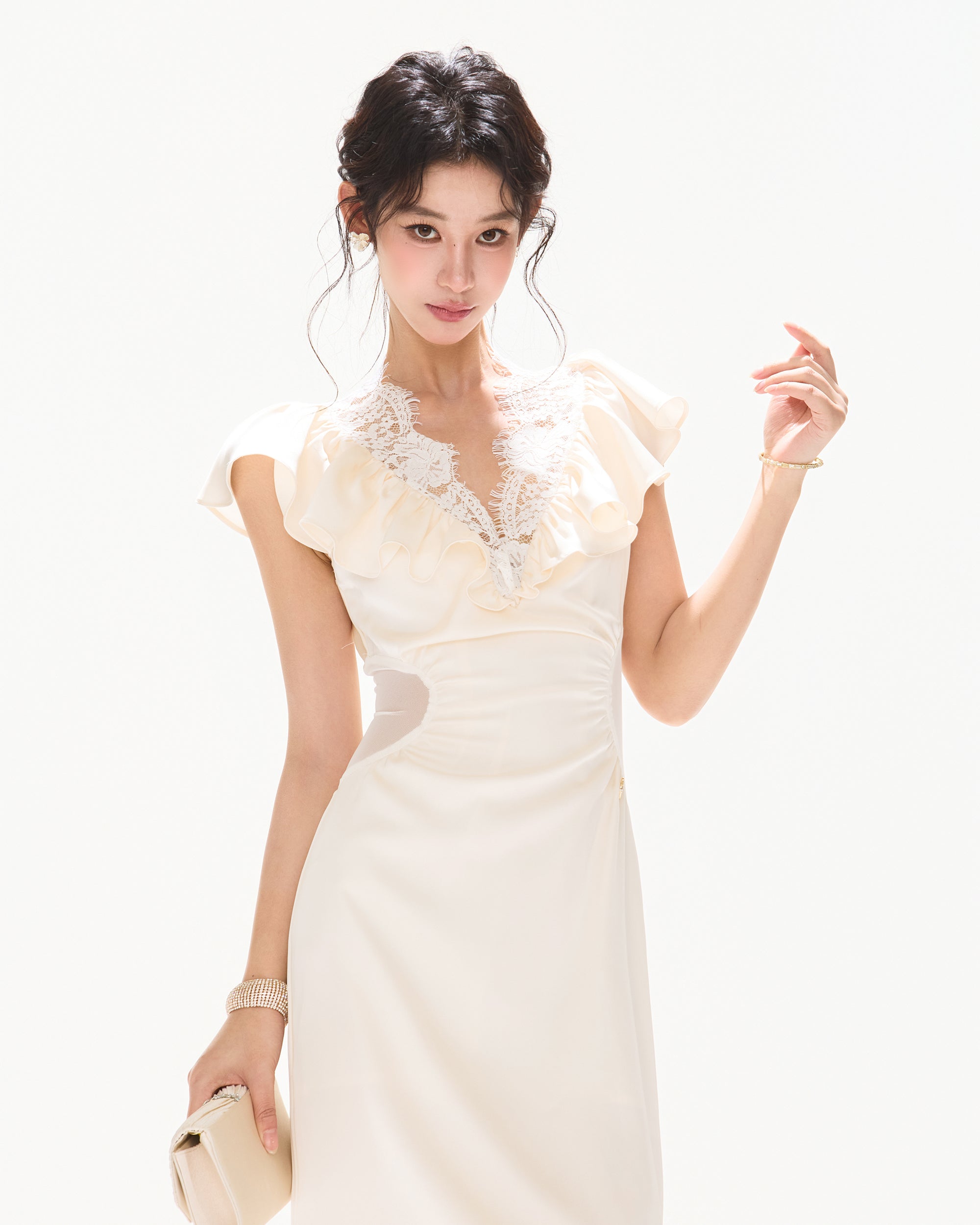 CYNR Ruched Lace V-Neck Cut-Out Waist Dress