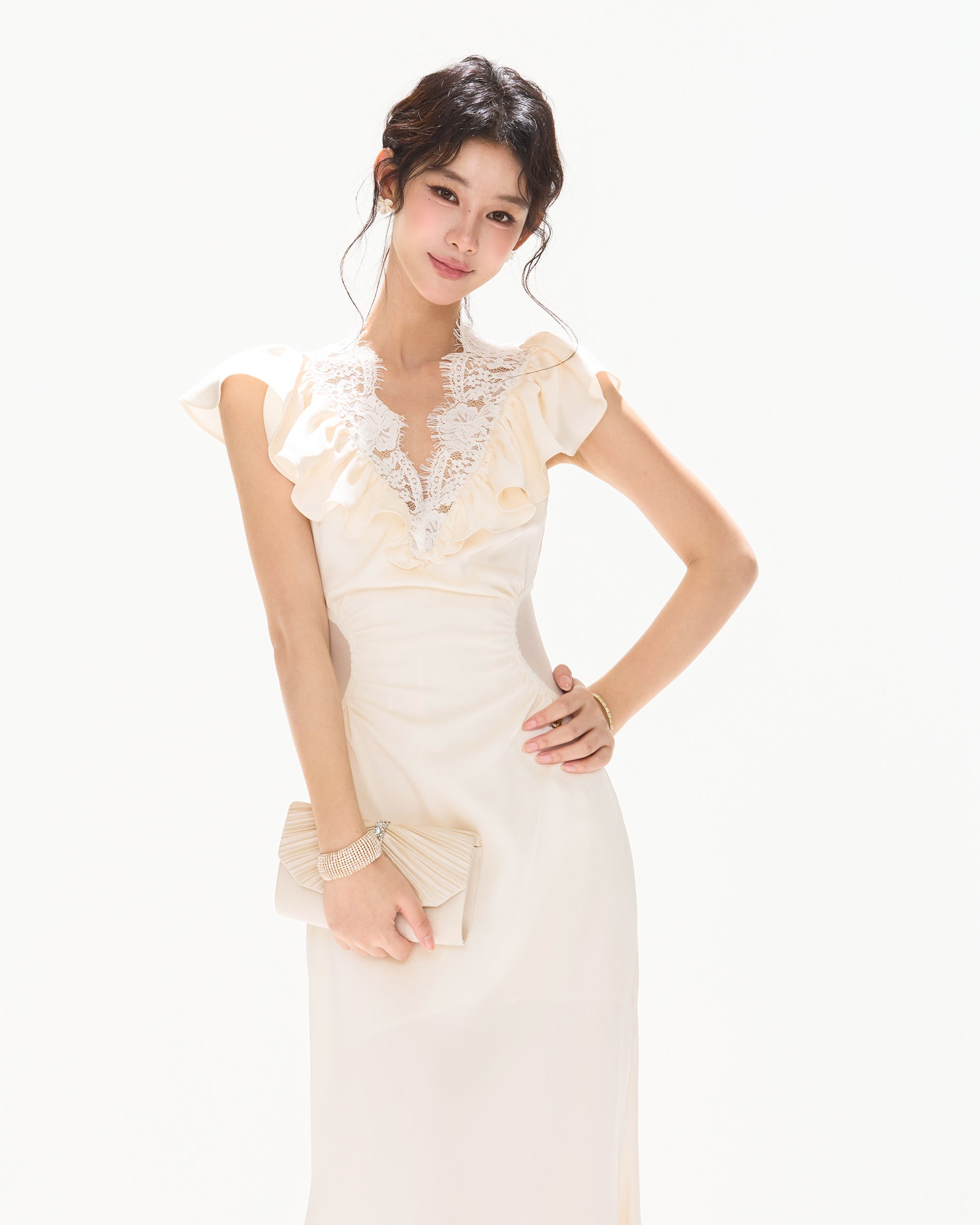 CYNR Ruched Lace V-Neck Cut-Out Waist Dress